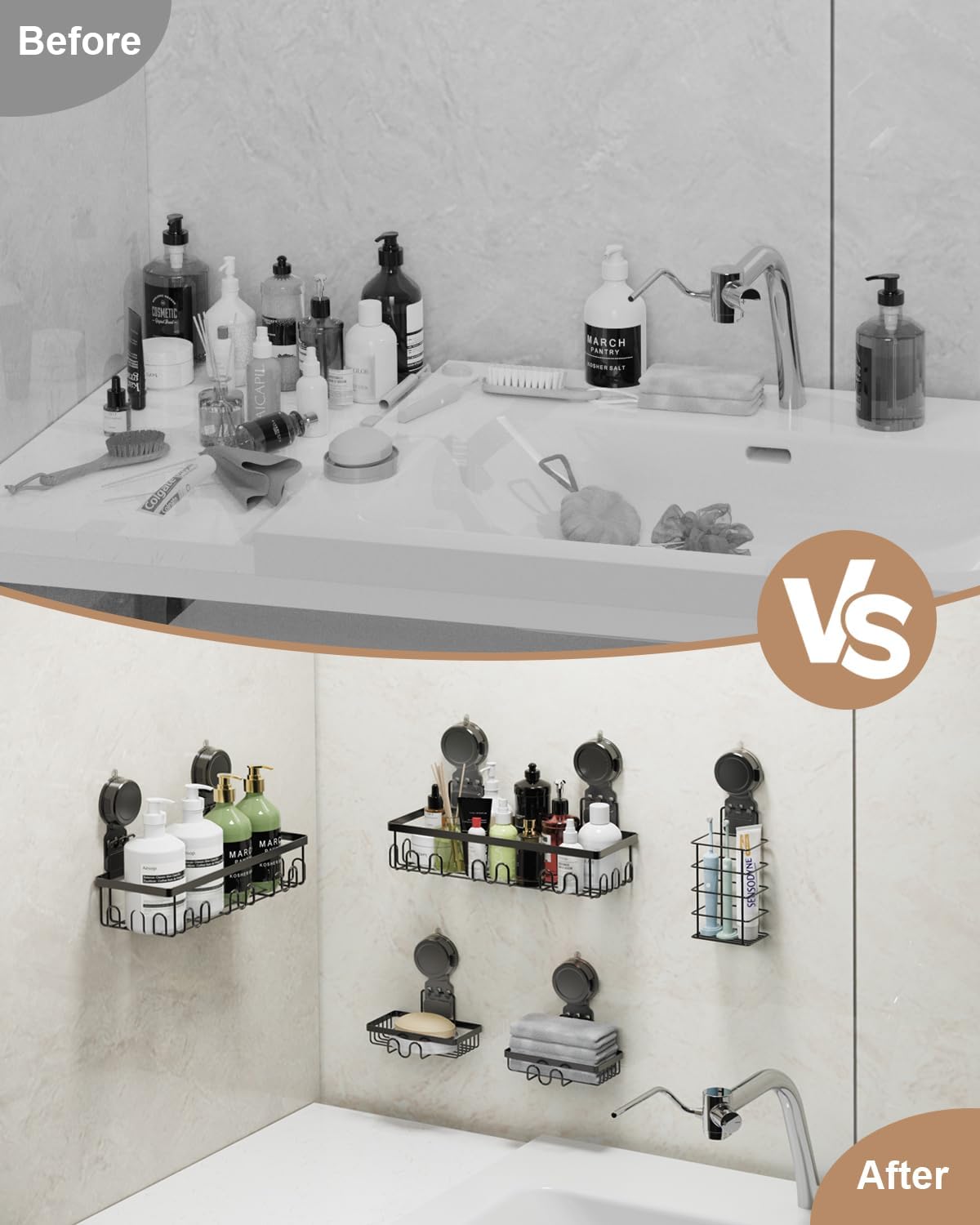 JOTPE Shower Caddy Suction Cup 5 Pack, No Drilling & Removable Suction Cup Shower Shelf for Bathroom with Large Capacity, Powerful Shower Organizer Max Hold 40 lbs, Waterproof Bathroom Shelf, Black - Image 6