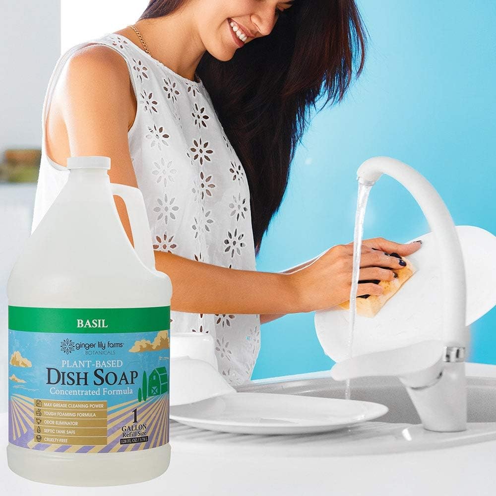 Ginger Lily Farms Botanicals Plant-Based Liquid Dish Soap, Concentrated Formula with Max Grease Cleaning Power, Cruelty-Free, Basil Scent, 1 Gallon Refill (128 Fl. Oz.) - Image 6