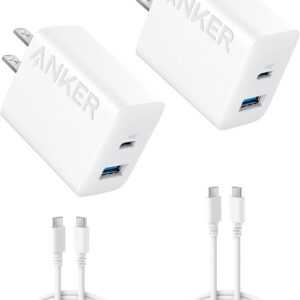 Anker iPhone Charger, 2-Pack 20W Fast USB C Charger Block, Type C Charger Fast Charging for iPhone 17/17 Pro Max/16 Series/iPad Pro and More (White, 2 Pack & 2 Cable)