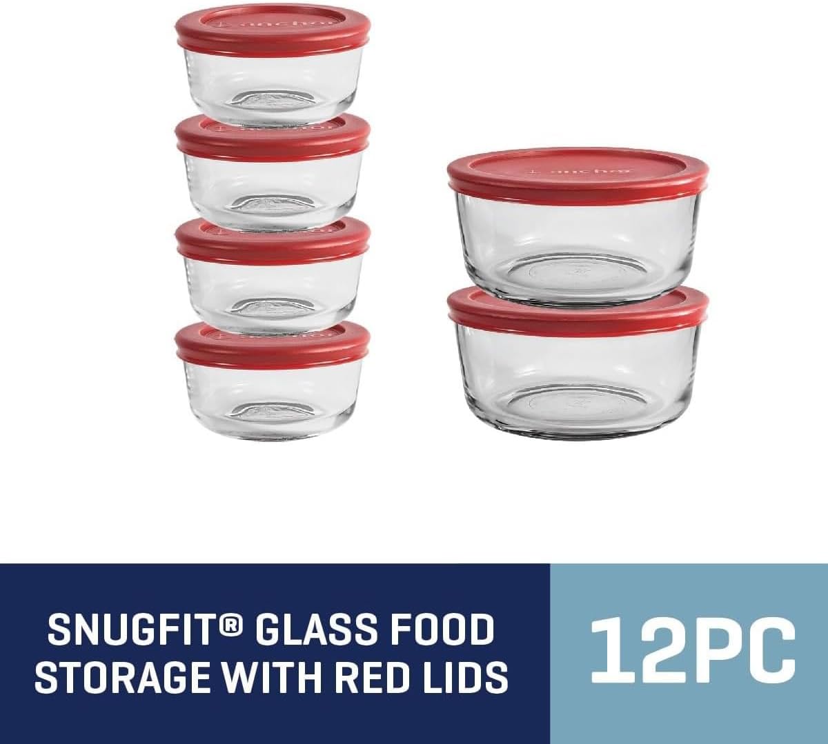 Anchor Hocking 12 Piece Glass Storage Containers with Lids (6 Glass Food Storage Containers & 6 Red SnugFit Lids) - Image 7