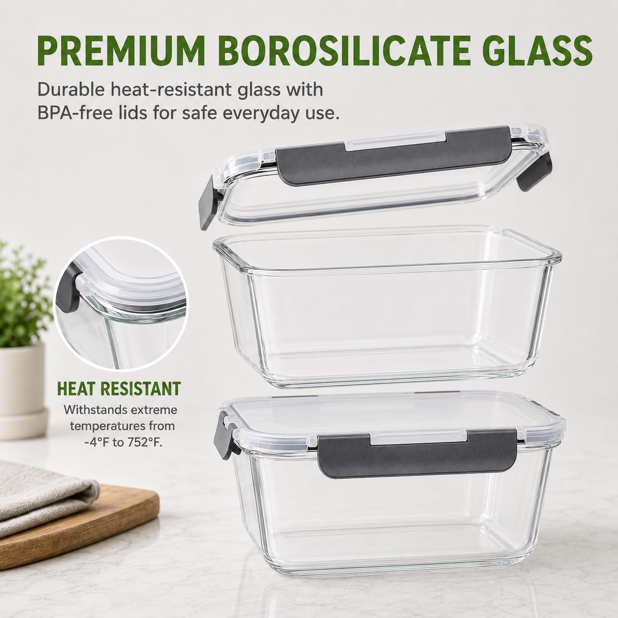 2 Pack Large Glass Food Storage Containers with Lids 85oz/10.5cup Big Airtight Storage Containers for Rotisserie Chicken Meal Prep Leftovers, BPA Free & Leak Proof, Microwave, Oven Safe (gray) - Image 4