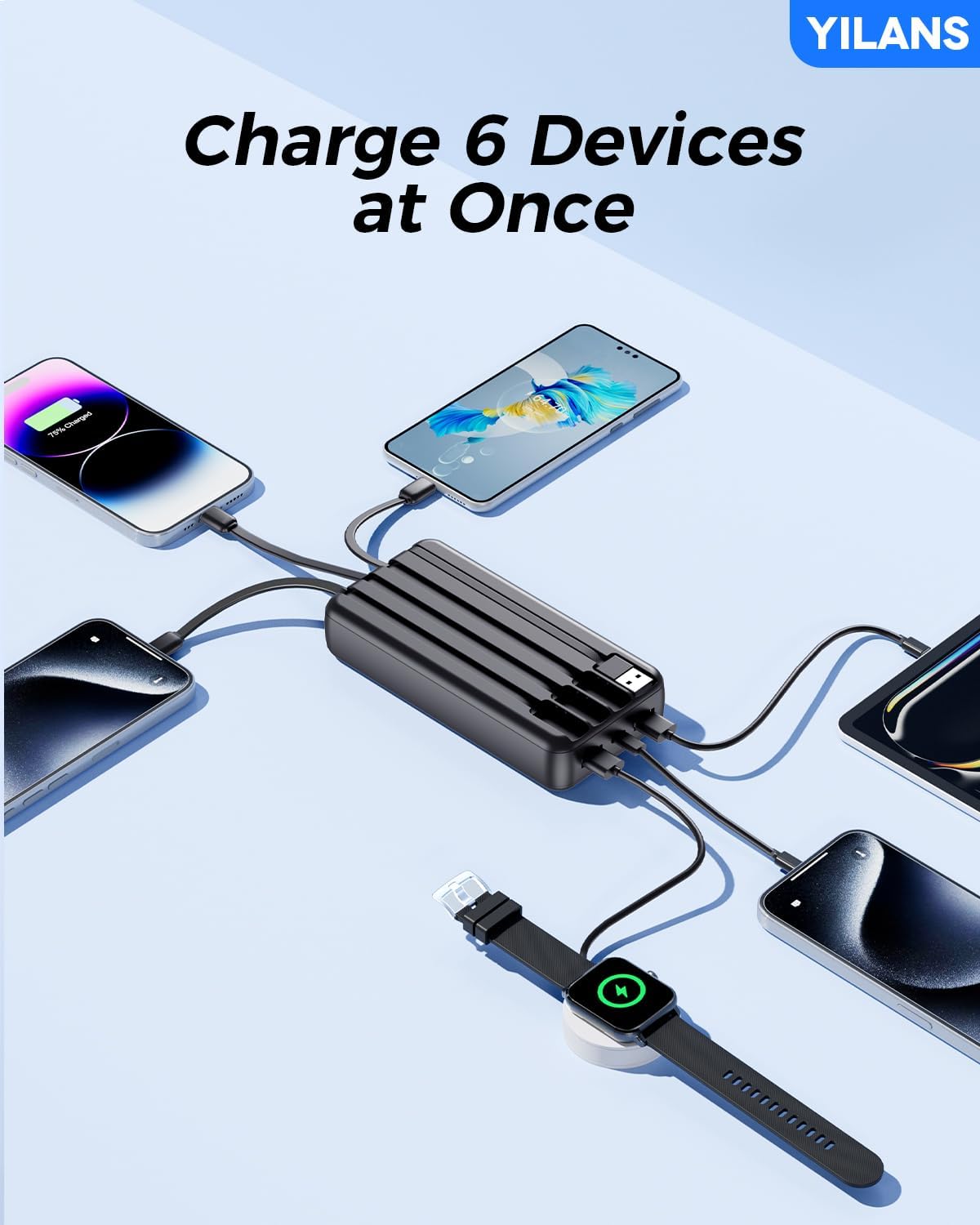 Portable Charger,50000mAh Power Bank Built-in Cable, 22.5W PD USB C In & Out Fast Charging, External Battery Pack with 6 Output & 2 Input, Travel Phone Charger for iPhone 17/16/15/14/13/12(Black) - Image 4