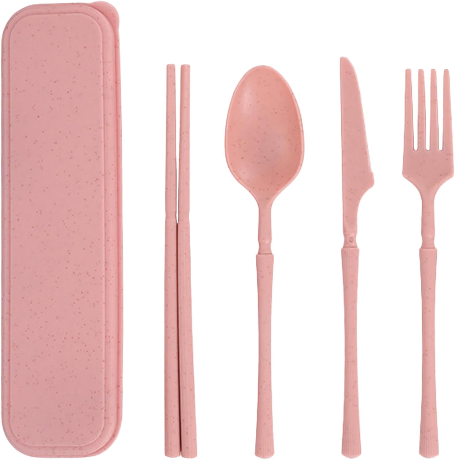 Reusable Travel Utensils Set with Case, Wheat Straw Portable Plastic Fork Spoon Knife Chopsticks Camping Cutlery, Eco-Friendly BPA Free Tableware Picnic Flatware for Kids Adults or Daily Use (Pink) - Image 2