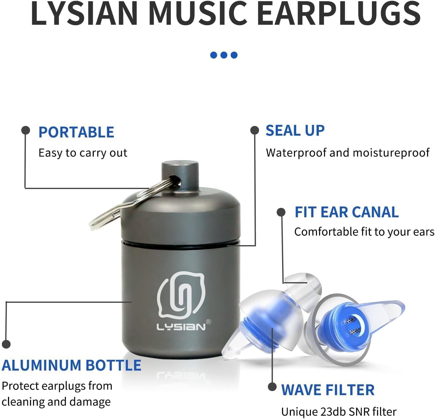 LYSIAN High Fidelity Concert Ear Plugs, 23dB Noise Reduction Musician Earplugs for Concerts, Festivals & Raves, Reusable Soft Earplugs with Aluminum Case, 2 Pairs Blue - Image 7