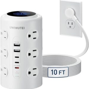Tower Power Strip with 1 Dedicated PD 20W Fast-Charging Port, 12 Outlets, 5 USB Ports (3 USB-C), 1800J Protector, Desk Charging Station for Multiple Devices,10FT Extension Cord, Home Office Essentials