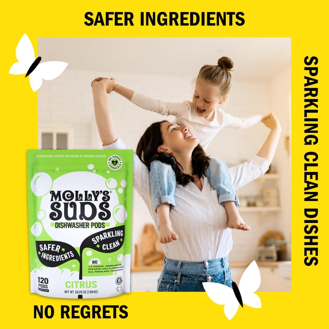 Molly's Suds Dishwasher Pods | Clean Dishwasher Detergent, Cuts Grease & Rinses Clean (Residue-Free) for Sparkling Dishes | 120 Auto-Release Tabs (Citrus) - Image 4