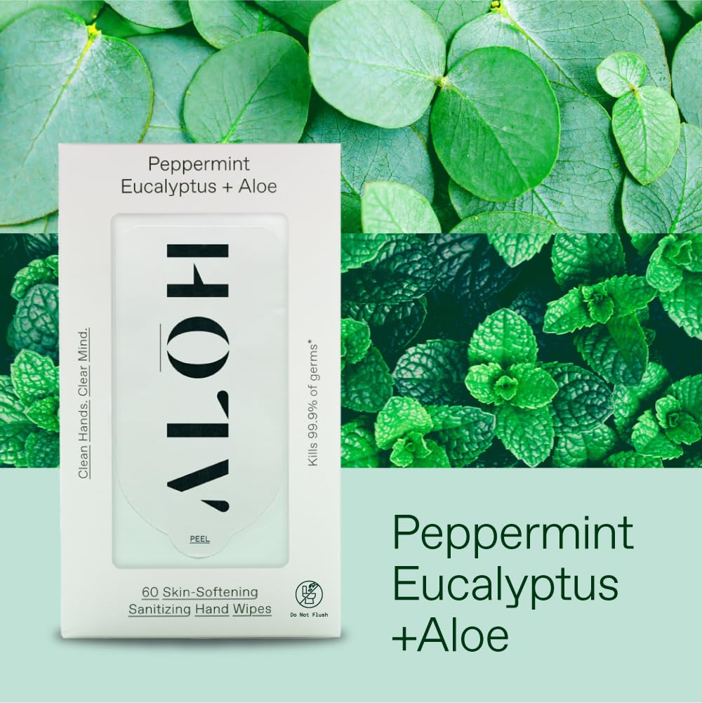 ALŌH Peppermint Eucalyptus + Aloe Sanitizing Hand Wipes - Clean Hands, Clear Mind On The Go Sanitizer for Kids and Adults - Travel Size 3 Pack 20ct Wipes (60 Wipes) - Image 2
