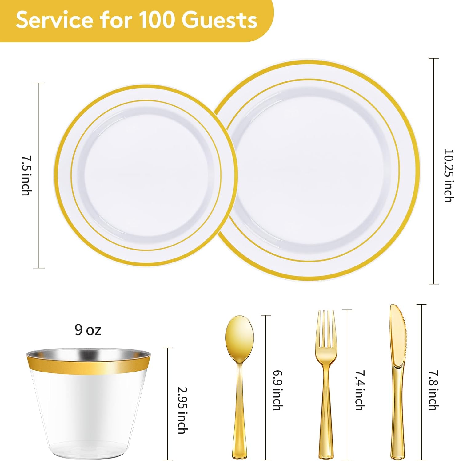 Goodluck 600 Pieces Gold Disposable Plates for 100 Guests, Plastic Plates for Party, Dinnerware Set of 100 Dinner and 100 Dessert Plates, 100 Spoons, 100 Forks, 100 Knives, 100 Cups - Image 4
