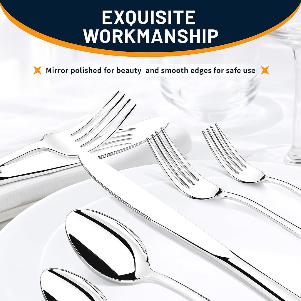 NICE KITCHEN Silverware Set, 40 Piece Stainless Steel Cutlery Sets for 8, Heavy Duty Flatware, Mirror Polished Forks Spoons and Knives Set, Reusable Utensils for Home Kitchen, Dishwasher Safe - Image 5