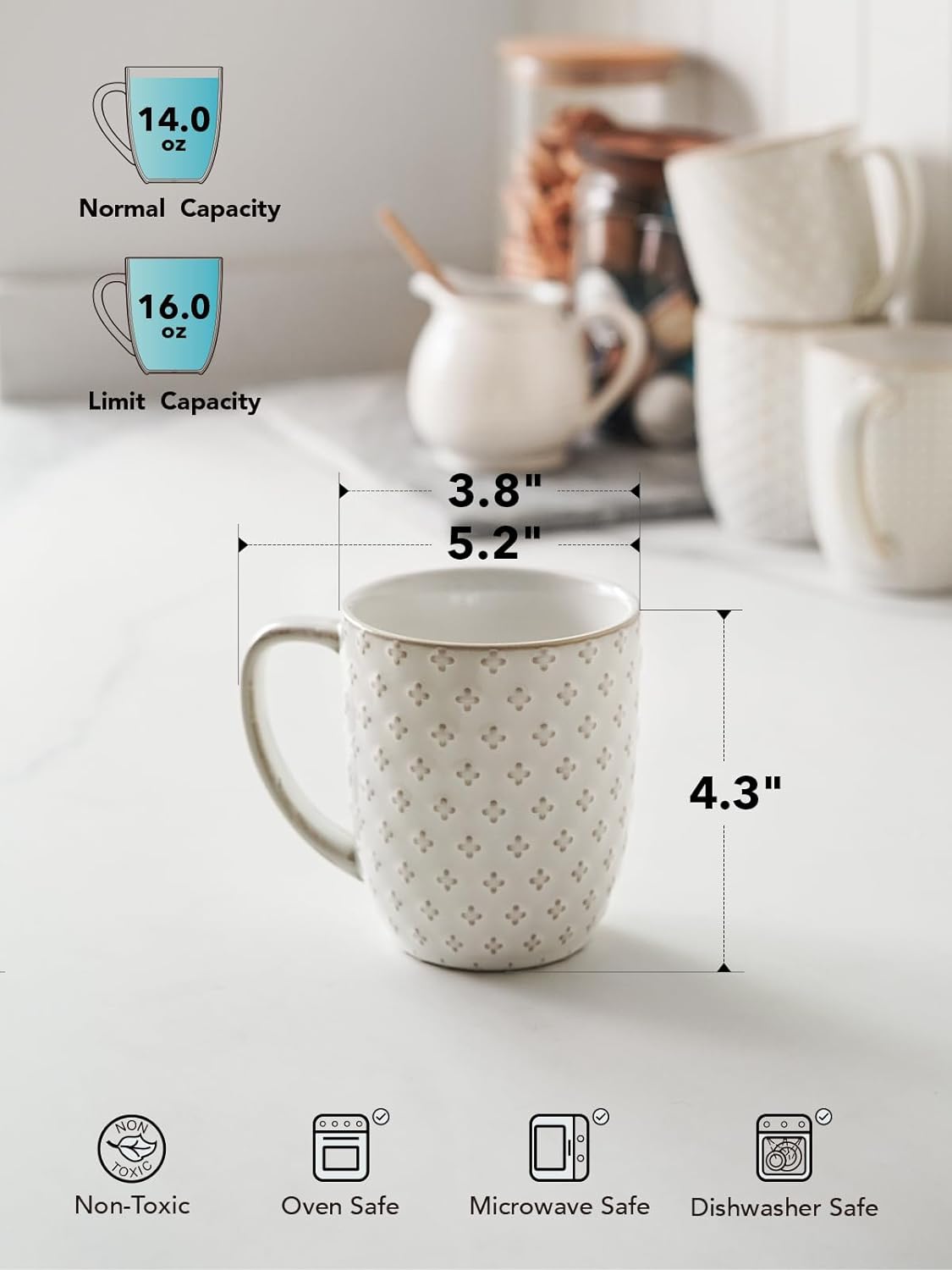 LE TAUCI Coffee Mugs 16 oz,Ceramic Mug Set, Embossment Cups for Latte, Hot Tea, Cappuccino, Mocha, Cocoa, Dishwasher Safe, Suit For Housewarming Wedding- 3.8 inch, Set of 4, Arctic White - Image 5