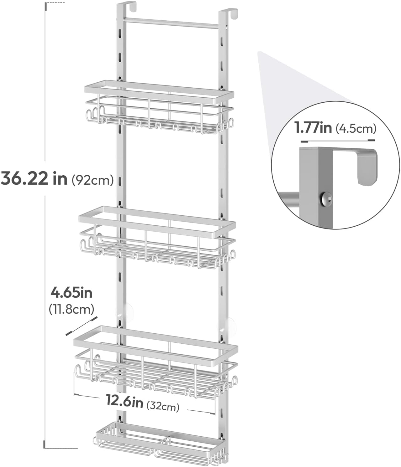SWTYMIKI Over The Door Shower Caddy - 4 Tier Rustproof Hanging Shower Organizer with Adjustable Shelves, 40 Hooks & Soap Holder, Hanging Shower Rack Storage for Bathroom Accessories, Silver - Image 8