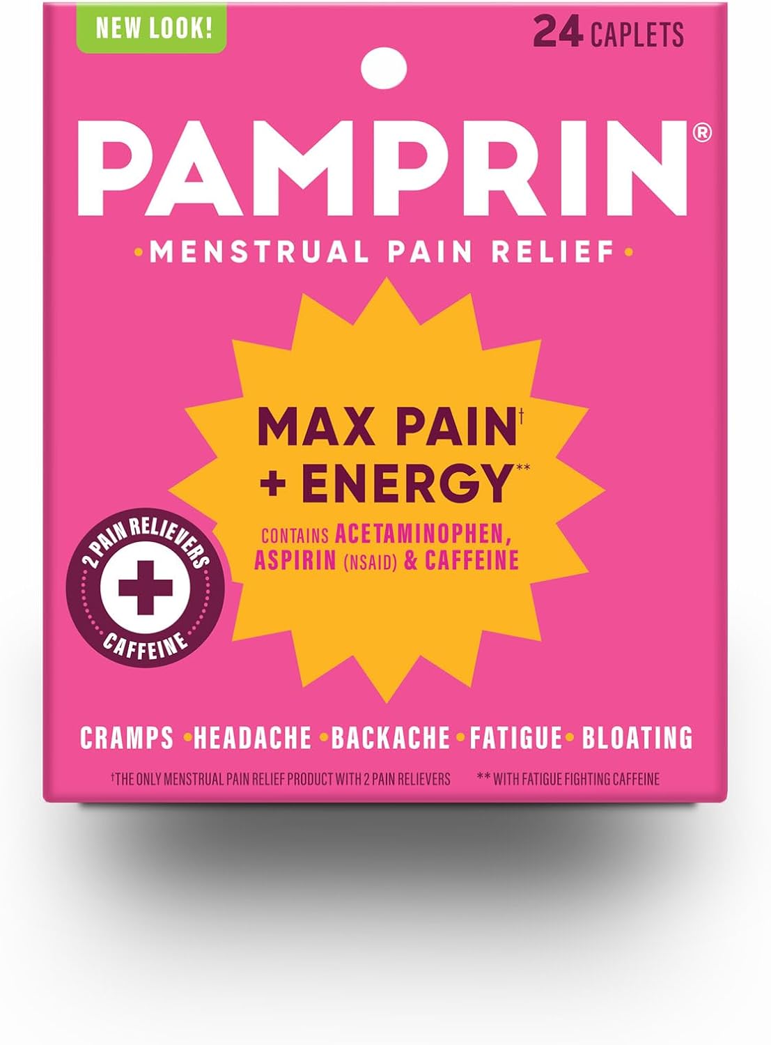 Pamprin Maximum Strength Max Pain and Energy Formula, Menstrual Period Symptoms Relief for Cramps, Bloating and Fatigue, 24 Caplets - Image 2