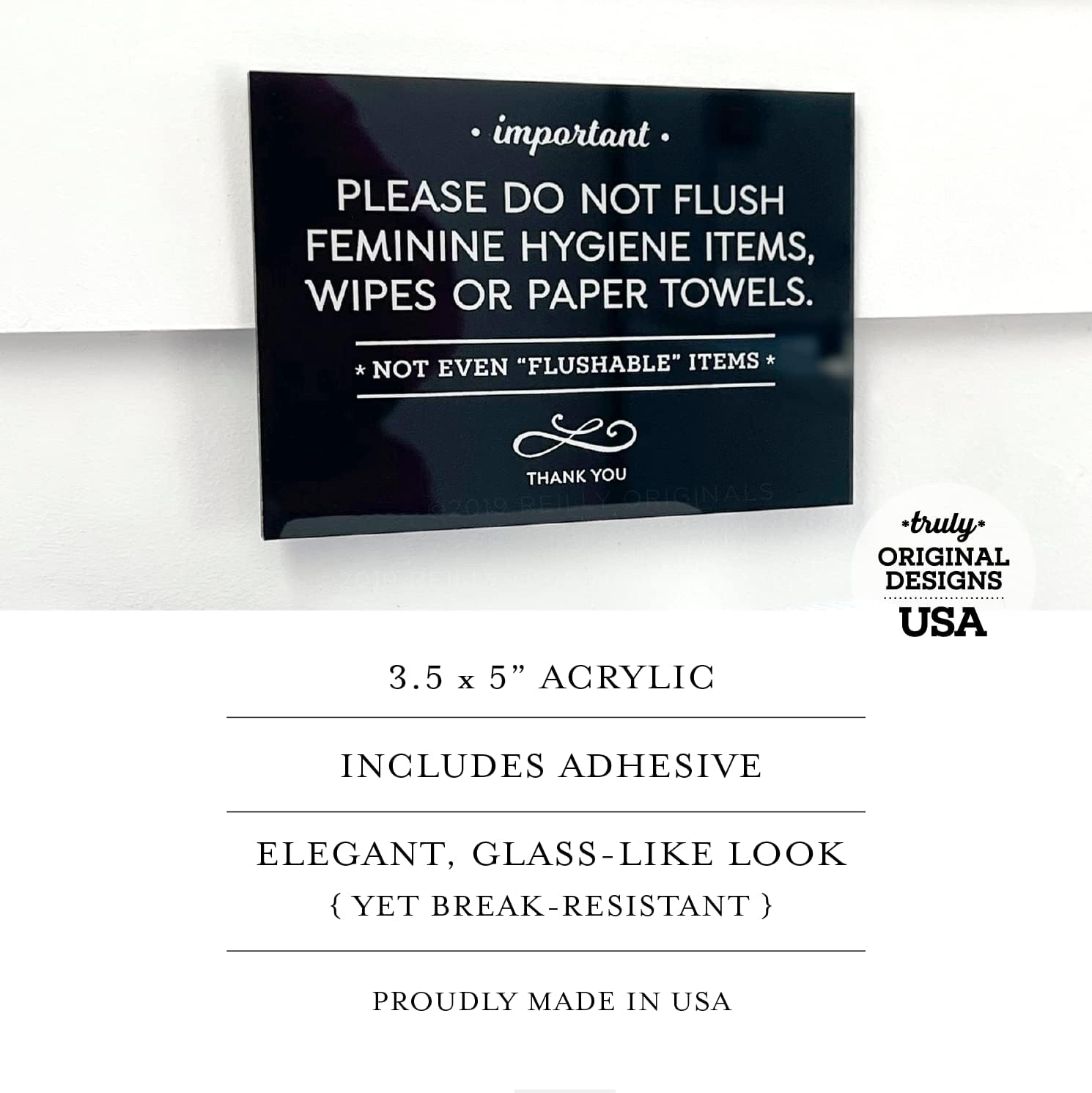 Reilly Originals 3.5x5 Inch Designer Bathroom Sign, Do Not Flush Feminine Hygiene Items, Wipes, Paper Towels ~ Ready to Stick ~ Premium Finish, Durable - Image 3