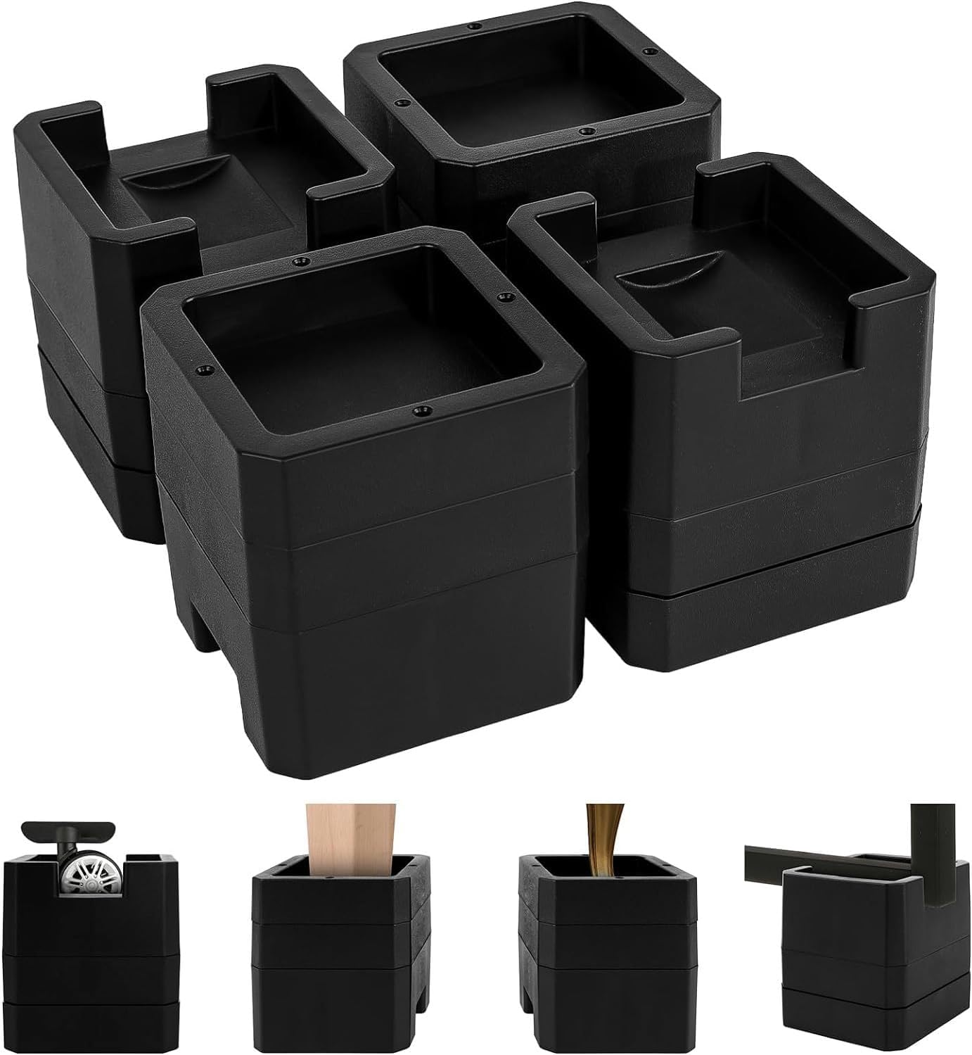Bed Risers, Black, 3 Inch Height, Double-Sided Stackable Design for Different Furniture Legs and Wheels, 4 Pack (Black, 3 Inch) - Image 2