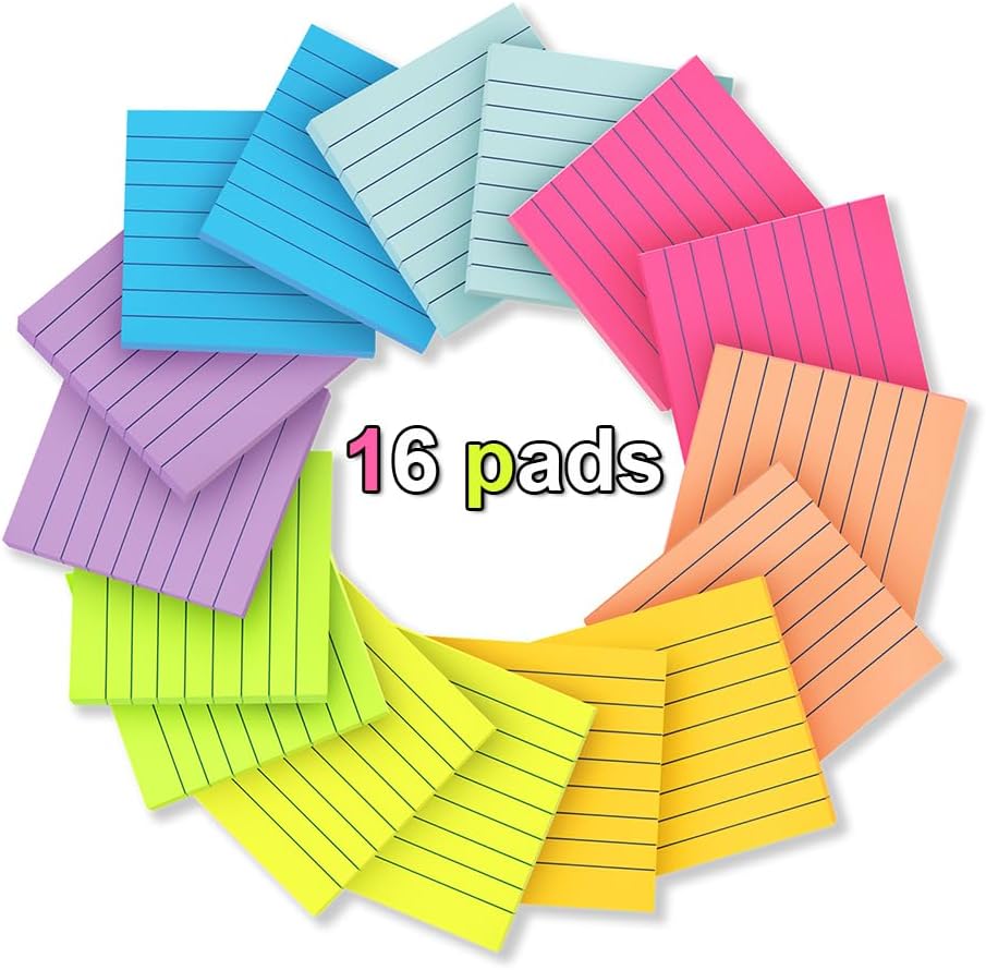 (16 Pack) Lined Sticky Notes 3x3 in Ruled Stickies Super Sticking Power Memo Pads Bright Colors, Post on Windows Doors,Recyclable,Easy to Write on - Image 2