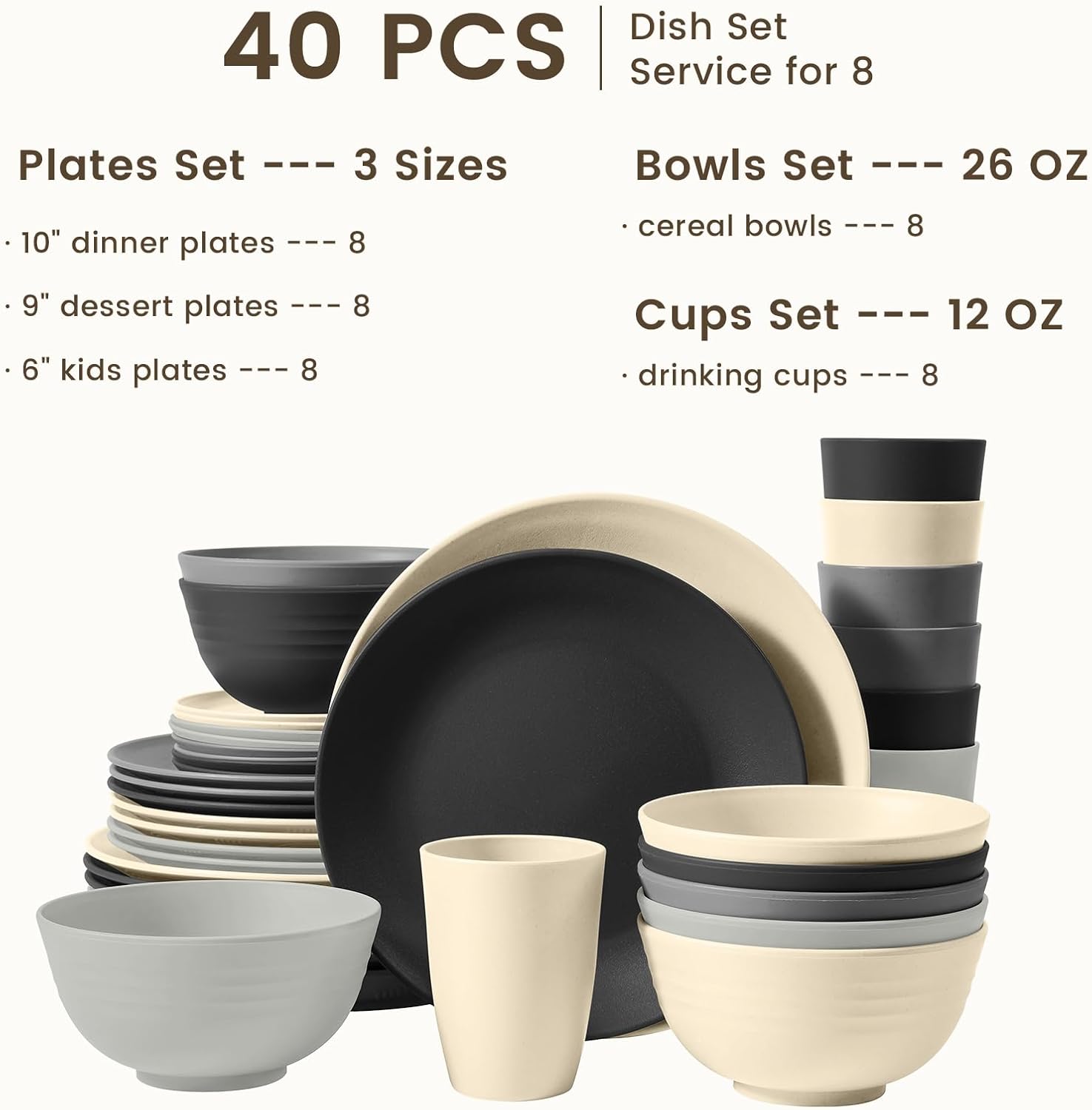 Homienly Kitchen Wheat Straw Dinnerware Set 40 PCS - Dinner Plates, Cereal Bowls, Wheat Straw Cups Set, Microwave and Dishwasher Safe Dishes Set, Unbreakable Dish Set for Party, Outdoor(Grey Stone) - Image 2