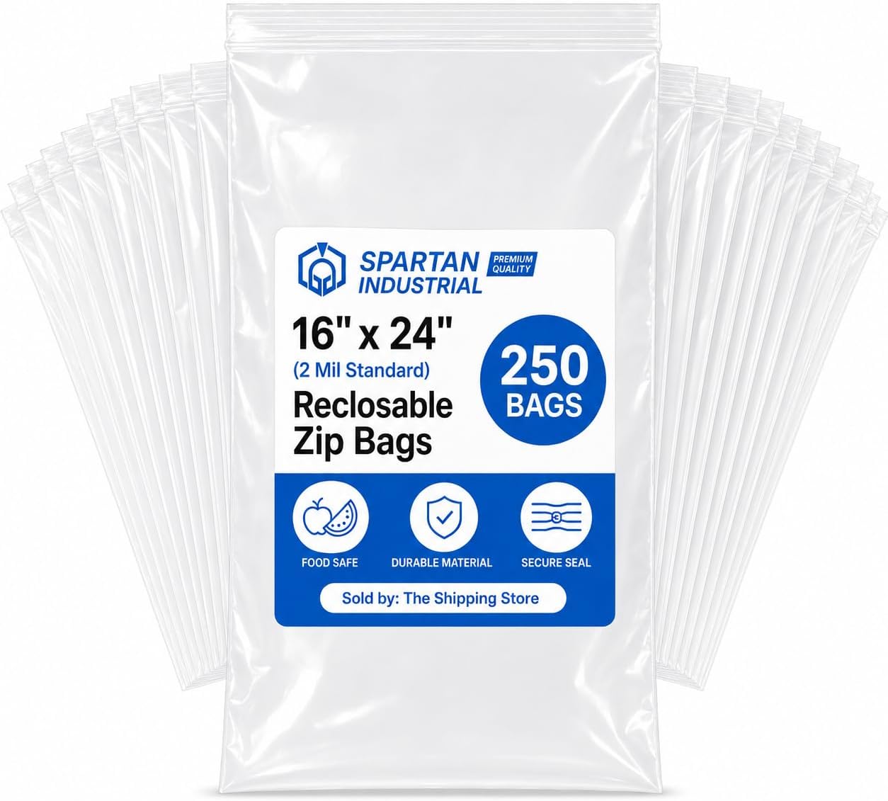 Spartan Industrial - 16” X 24” (250 Count) 2 Mil Clear Reclosable Zip Plastic Poly Bags with Resealable Lock Seal Zipper - Image 2