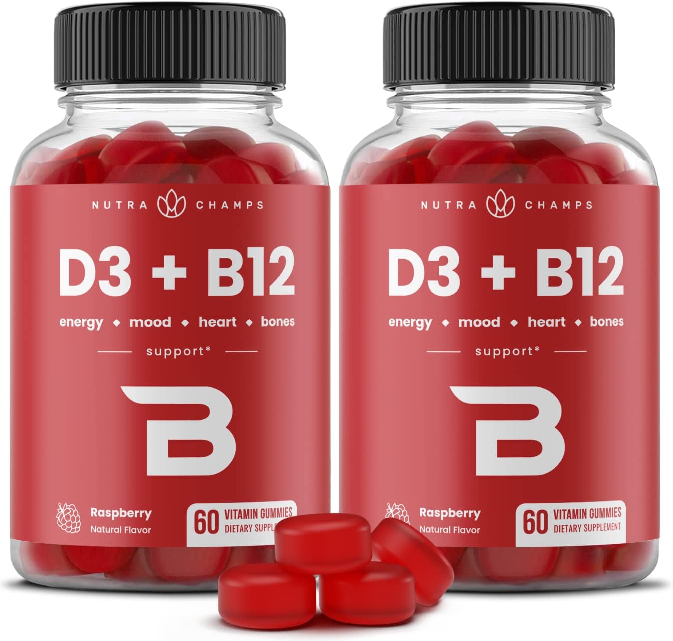 NutraChamps Vitamin D3 & B12, Methyl B12 Gummies for Adults & Kids, Enhanced with Vitamin D 3 & B9 Vitamin Folate, Natural Energy, Mood, Metabolism & Focus, Raspberry, 120 Gummies (Pack of 2) - Image 2