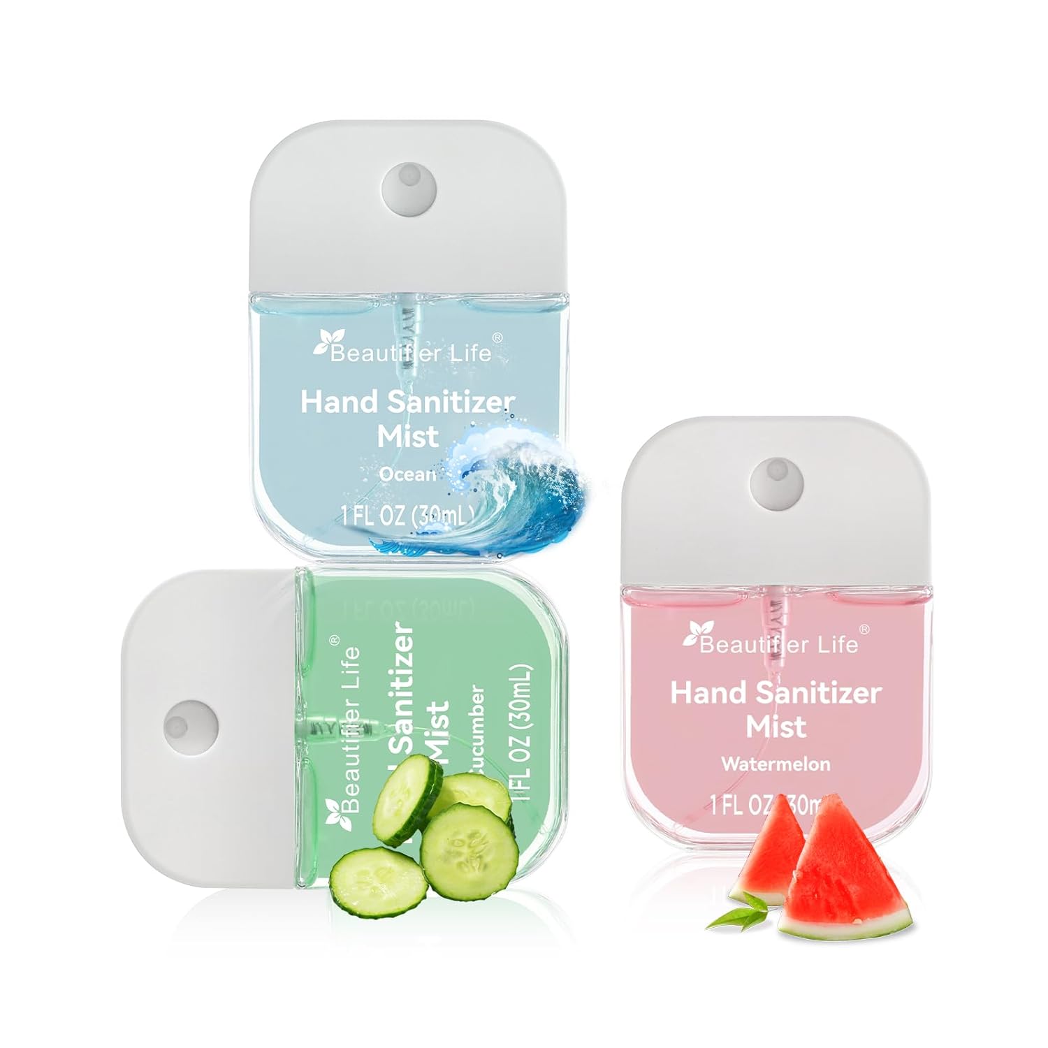 Beautifier Life Mini Portable Hand Sanitizer Spray (3-Pack) - Pocket-Sized 1 Fl Oz Travel, Ultra-Soothing 70% Alcohol Formula, Power Mist, No-Rinse Fast-Dry - Ocean Watermelon Cucumber - Image 2
