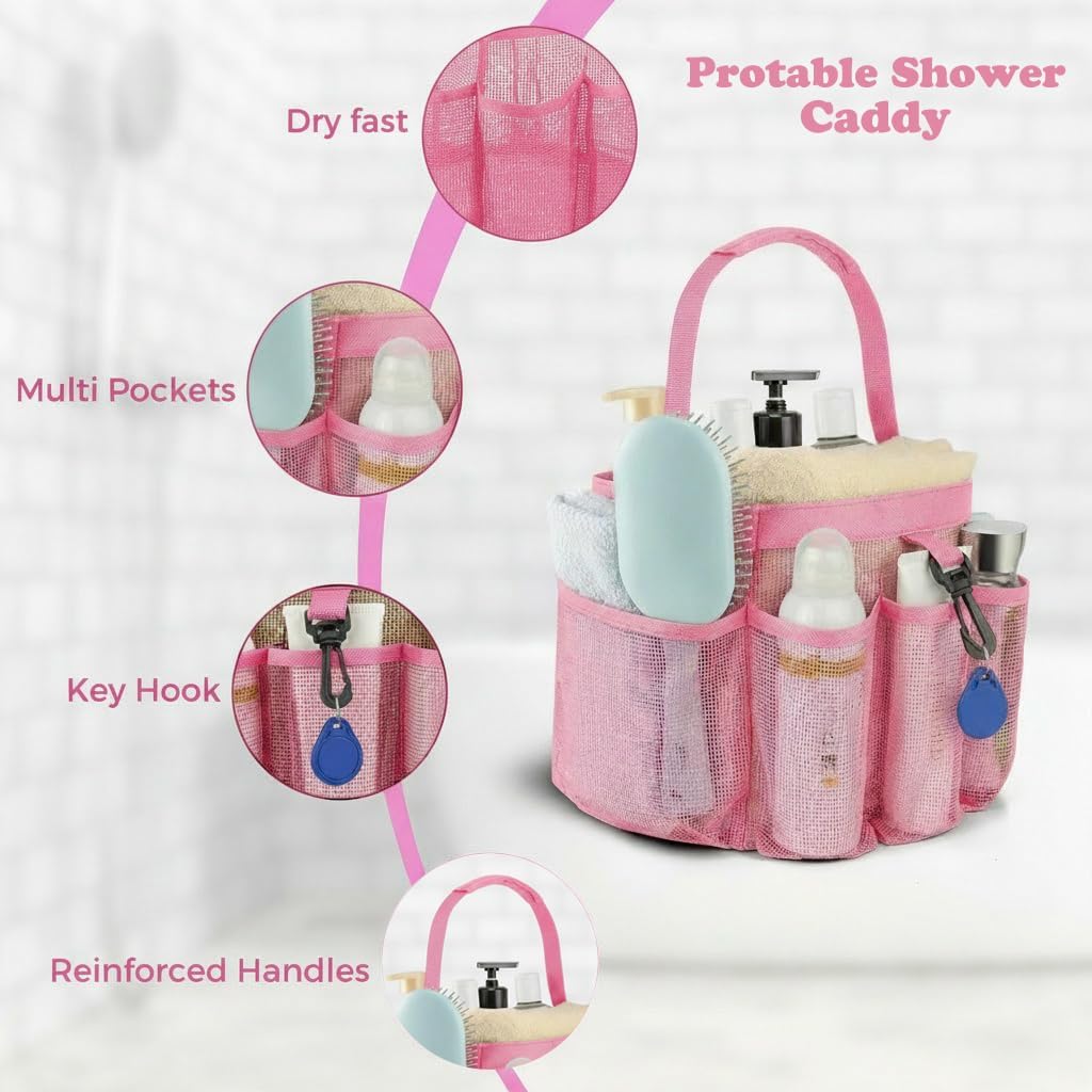 Mesh Shower Caddy Portable for College Dorm Room Essentials,Hanging Shower Caddy Dorm Basket with 8 Pockets,Quick Dry Shower Bag for Bathroom,Beach,Swimming,Gym (Light Pink) - Image 4