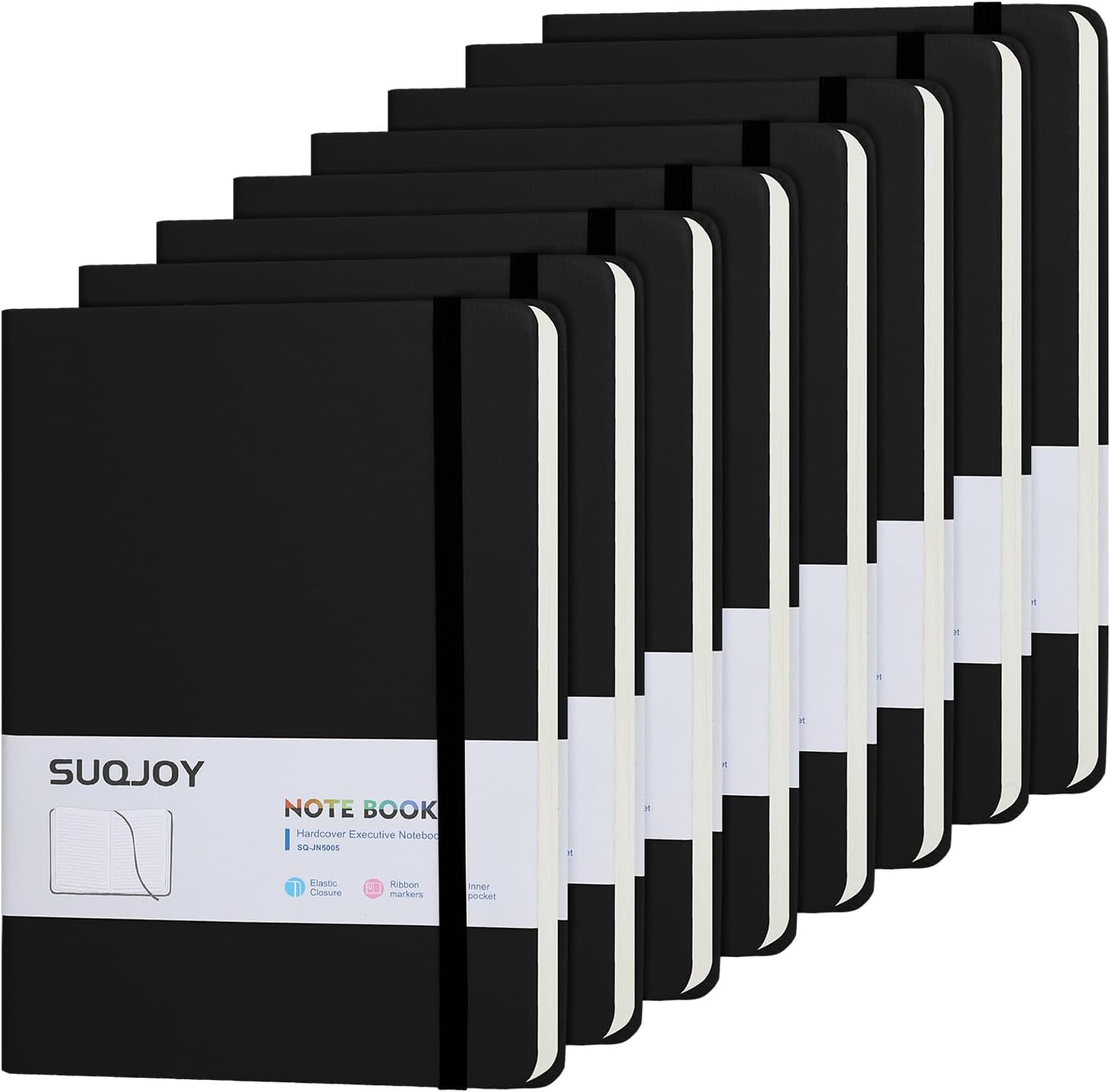 SUQJOY Lined Journal Notebooks for Writing, 100 GSM Thick Paper, 8 Pack Hardcover Notebooks, A5 College Ruled Notebook, Journaling Notebook for School/Travel/Office (Black- 8 Pack)