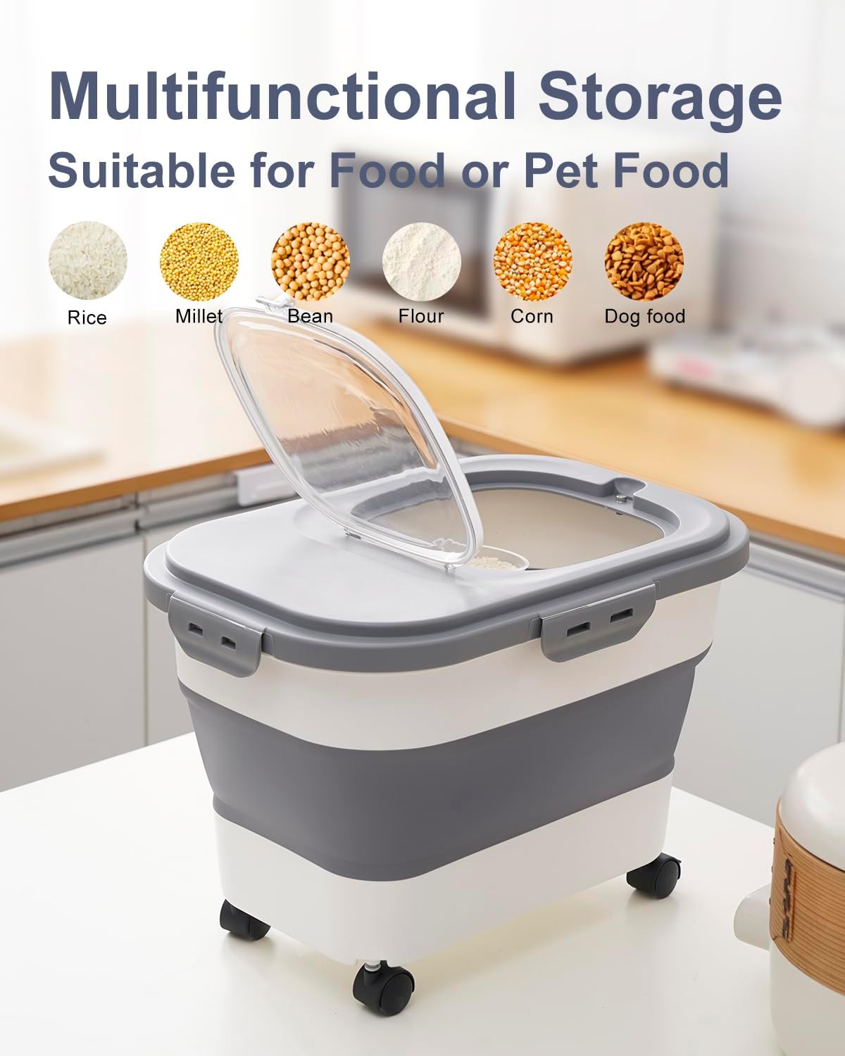 20-30 Lbs Rice Storage Container,Collapsible Food Storage Containers with Rolling Wheel Airtight Locking Lid,Flour Storage Container with Cup and Scoop,Suitable for Food,Rice,Pet Food,Flour - Image 8