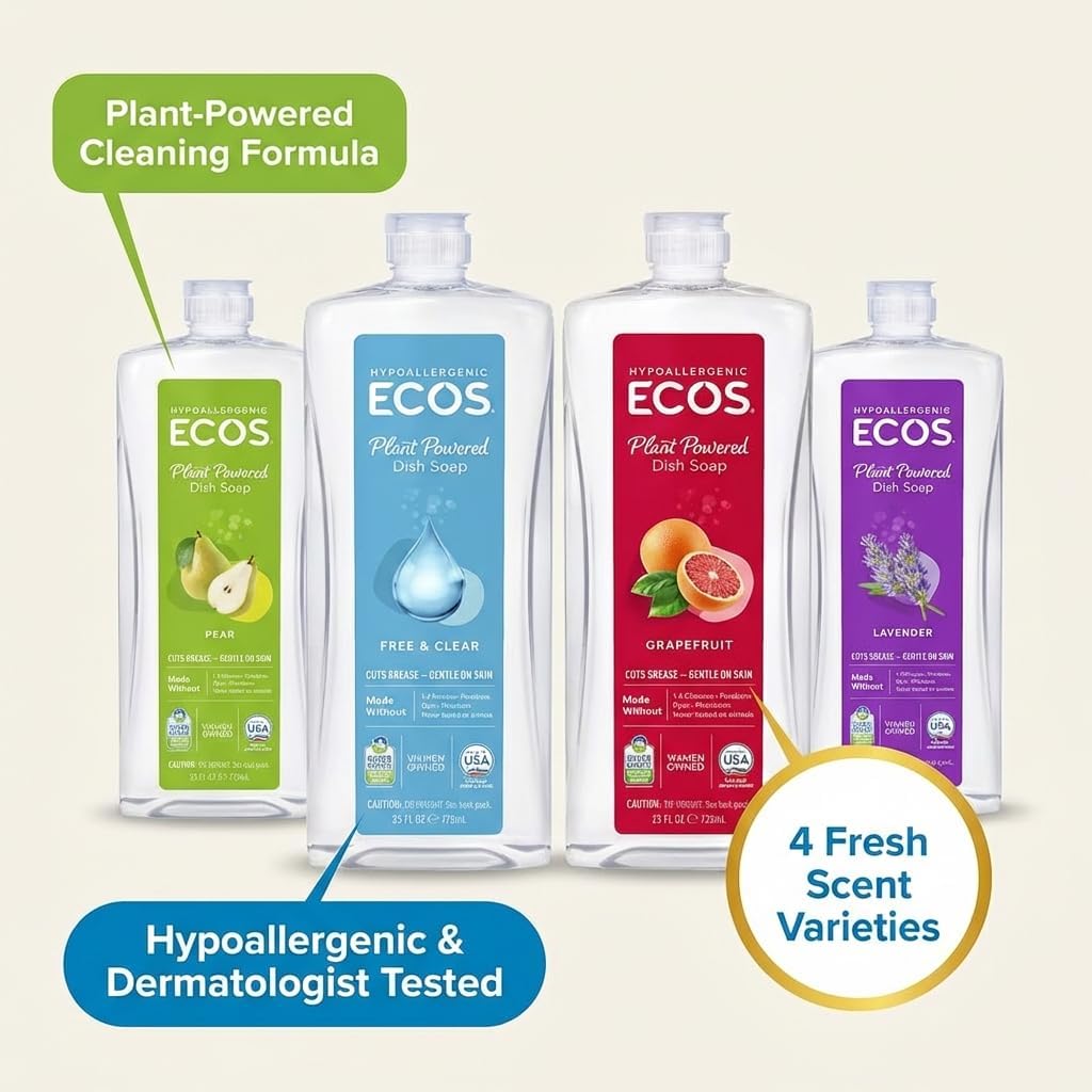 ECOS Plant Based Dish Soap Variety Pack - Natural Dishwashing Liquid Cuts Grease - Hypoallergenic for Sensitive Skin - Free & Clear, Lavender, Grapefruit, Pear - 25 Oz (4 Pack) - Image 4