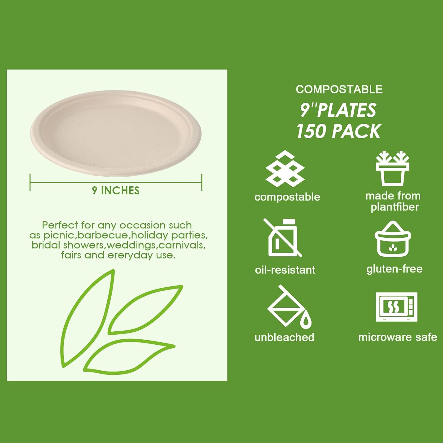 Vplus 150 Pack Paper Plates 9 inch 100% Compostable, Heavy-Duty Disposable Paper Plates Bagasse Natural Biodegradable Eco-Friendly Sugarcane - Image 4