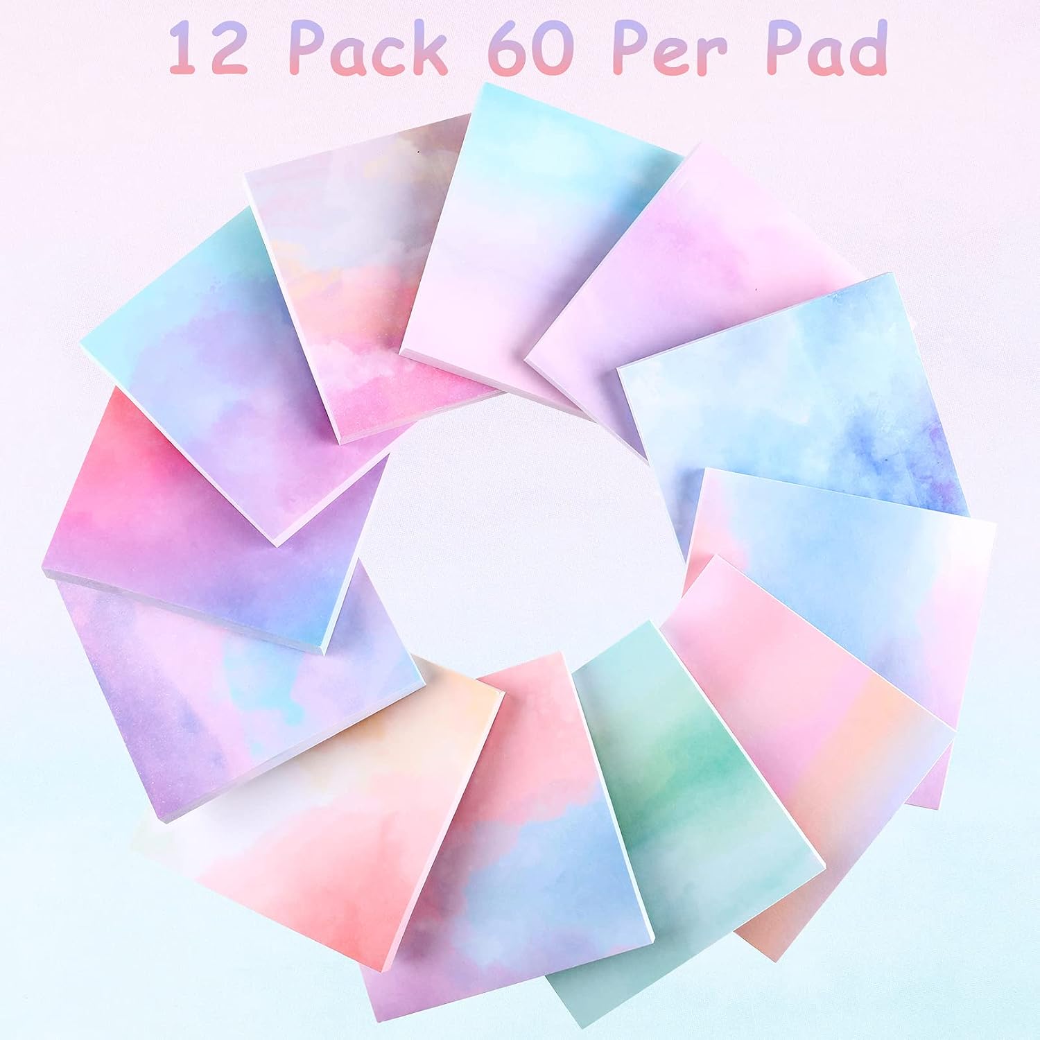 Outus 12 Pads 720 Sheets Gradient Watercolor Sticky Notes 2.8 x 2.8 Inch Cute Sticky Notes Bulk Fun Self Adhesive Memo Pads for Office School Classroom Home Students Teachers Gifts(Classic) - Image 3