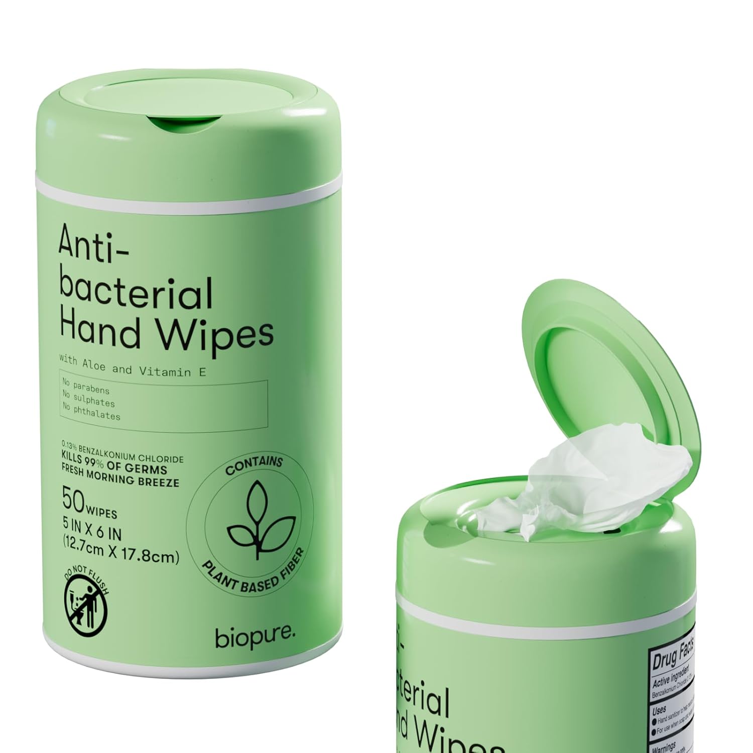 Biopure Antibacterial Hand Wipes Fresh Morning Breeze- Antibacterial Wipes with Aloe and Vitamin E Formula | 5"x7" Wet Wipes Canister | No Parabens, Sulfates or Phthalates, Kills 99% of Germs, 50 ct - Image 2