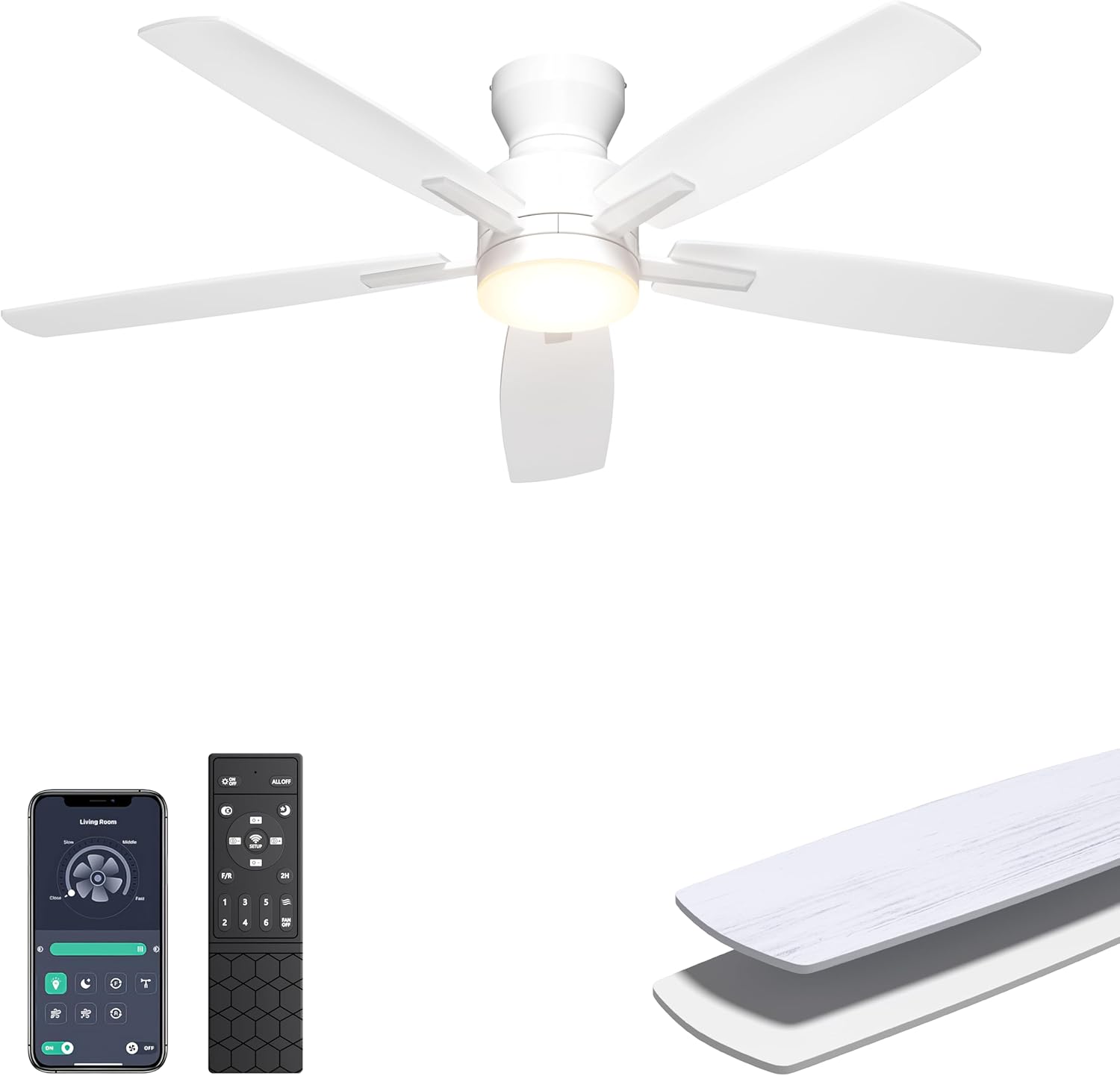 Ohniyou Ceiling Fans with Lights, 52'' Low Profile Ceiling Fan with Light and Remote/APP Control, Modern Flush Mount Ceiling Fan for Indoor Bedroom Living Room, Dimmable, Quiet DC Motor, White - Image 2