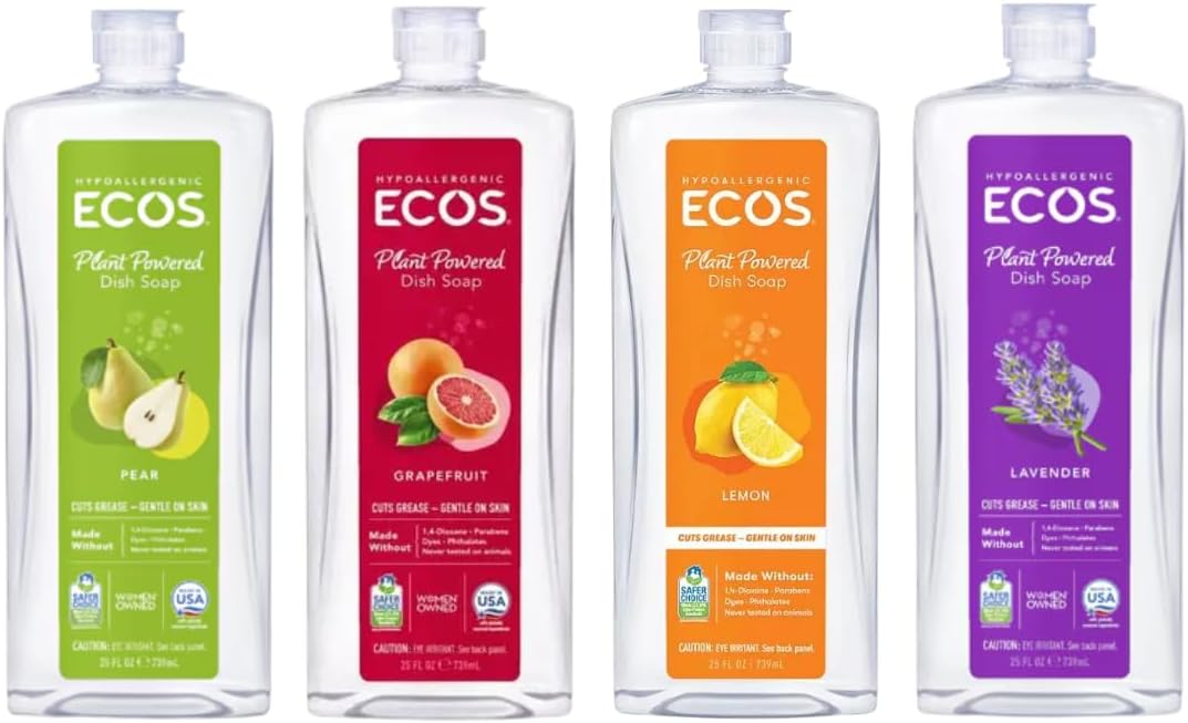 ECOS Plant Based Dish Soap Variety Pack - Natural Dishwashing Liquid Cuts Grease - Hypoallergenic for Sensitive Skin - Free & Clear, Lavender, Grapefruit, Pear - 25 Oz (4 Pack) - Image 2