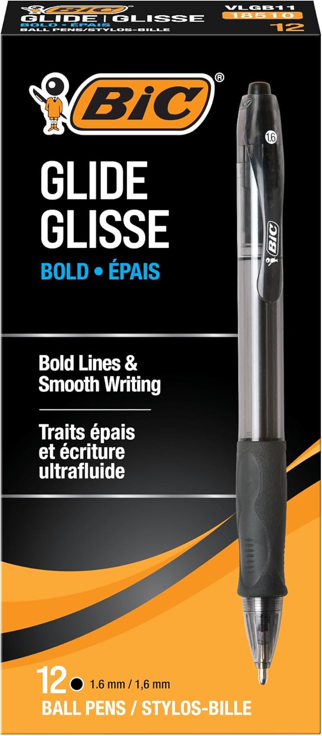BIC Glide Bold Black Ballpoint Pens, Bold Point (1.6 mm), School Supplies for Students and Teachers, with Full Grip, 12-Count Pack in Black - Image 2