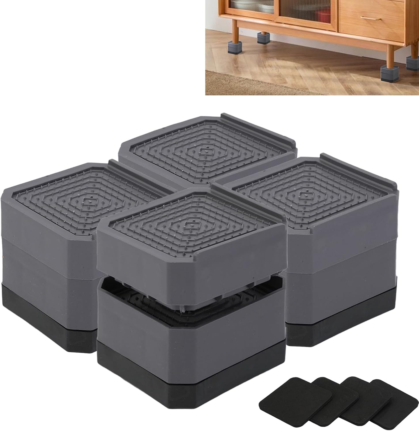 8 Pack Furniture Risers, Adjustable Heavy Duty Bed Risers Lift to 1.5", Square Stackable Desk Table Risers Blocks for Couch Sofa Chair Refrigerator Washing Machine (Square-4 Pack-Grey) - Image 9