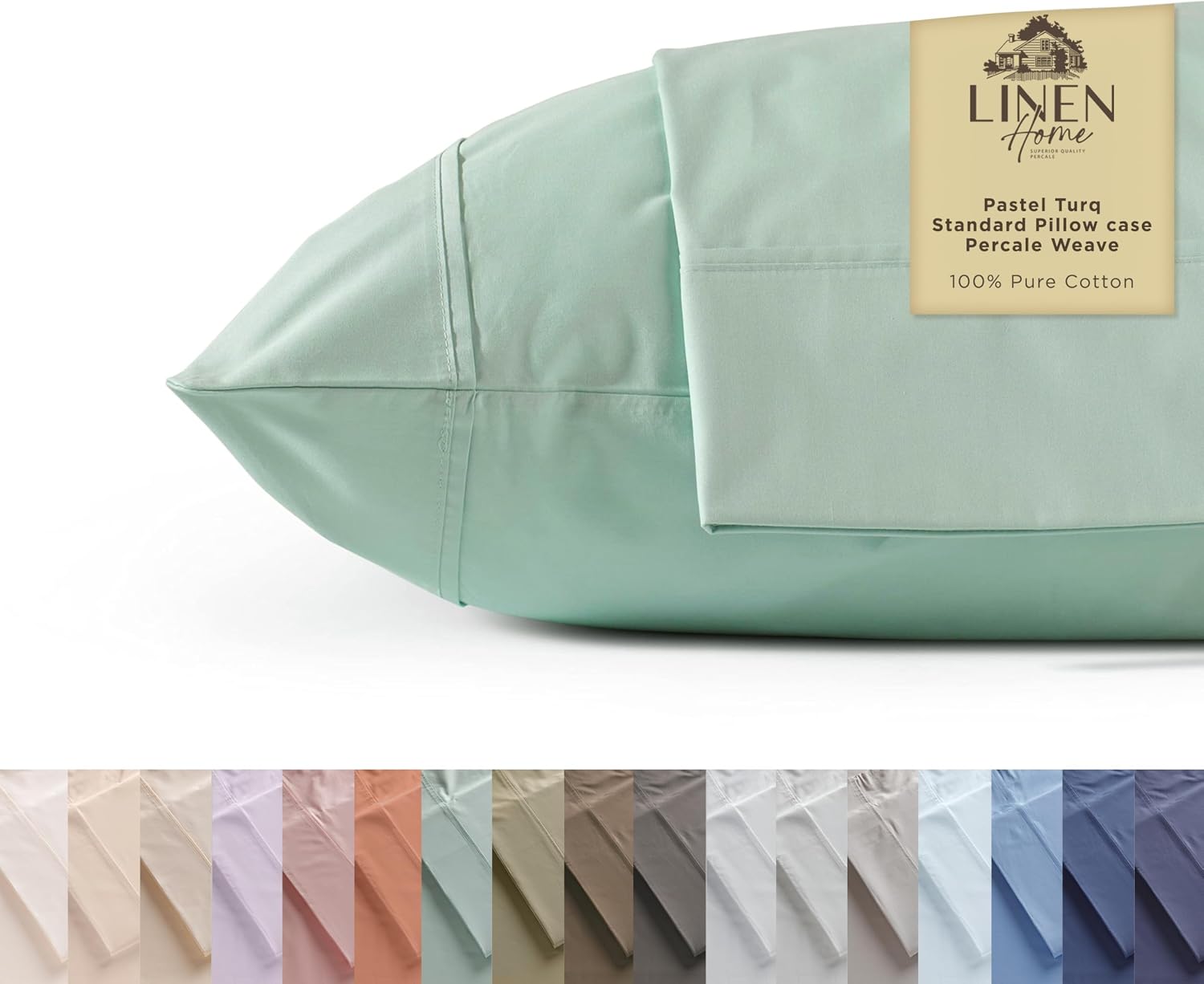 Linen Home 100% Cotton Percale Pillowcases Queen Size, Pastel Turk, 2 Pieces of Pillow Case, Crisp and Cool Strong Bed Linen, 20 inches X 30 inches - Image 2