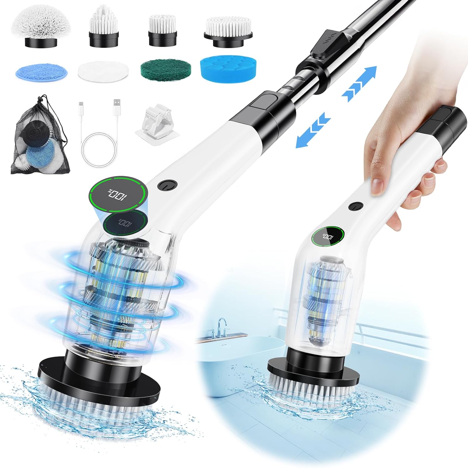 PUFTEM Electric Spin Scrubber, Cordless Shower Scrubber with 8 Scrub Brush, 2 Speed with Adjustable Extension Handle, Battery Level Display, Power Scrubber for Bathroom Bathtub Tile Floor (Black) - Image 2