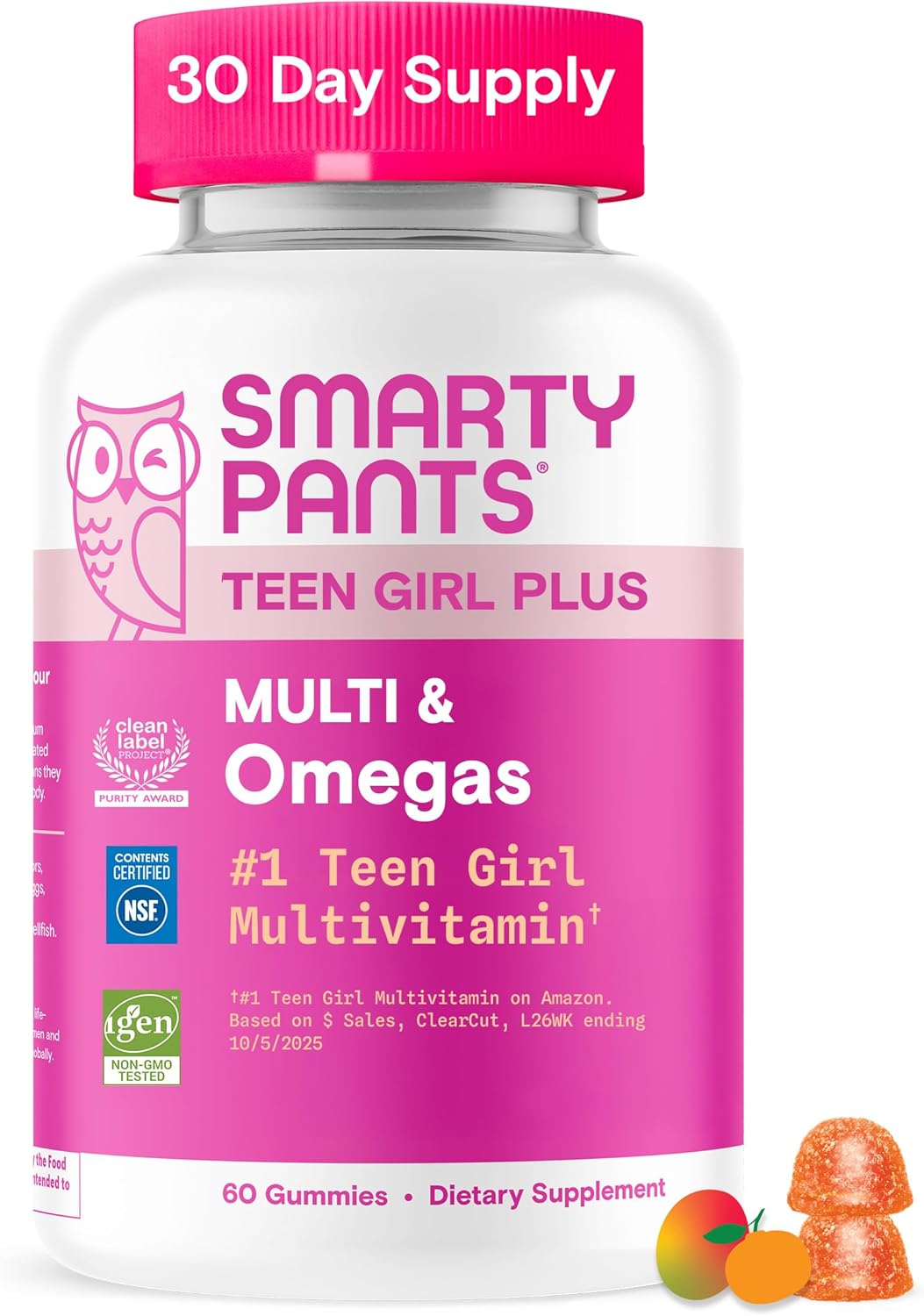 SmartyPants Teen Girl Multivitamin Gummies, Omega 3 (DHA/EPA), Vitamin C, D3, B12, Vitamin A, K & Zinc, Biotin to Support Hair, Skin & Nails, Gluten Free, 60 Count (30 Day Supply) - Image 2