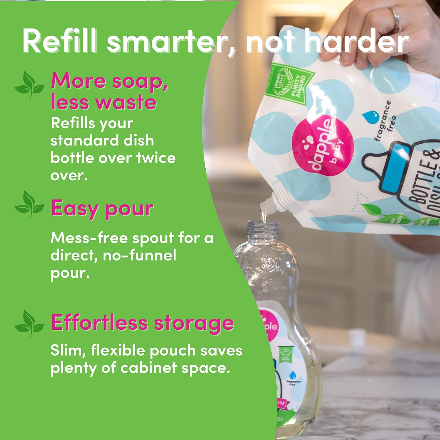 Dapple Baby Fragrance-Free Bottle & Dish Soap Refill Pouch - (2 Pack) 33.8 fl oz - Plant-Powered Cleaner for Baby Bottles, Pump Parts, and Sippy Cups - Image 4
