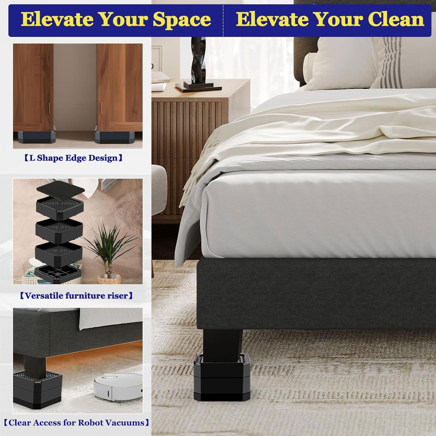 Wide Base Bed Risers, Stackable Furniture Lifts 2, 3.6, 5 Inch Heavy Duty Couch Risers for Chair Desk Table Legs,Support up to 6000lbs, Under Bed Storage Solution (Black 4 Pack,3.6 inch) - Image 5