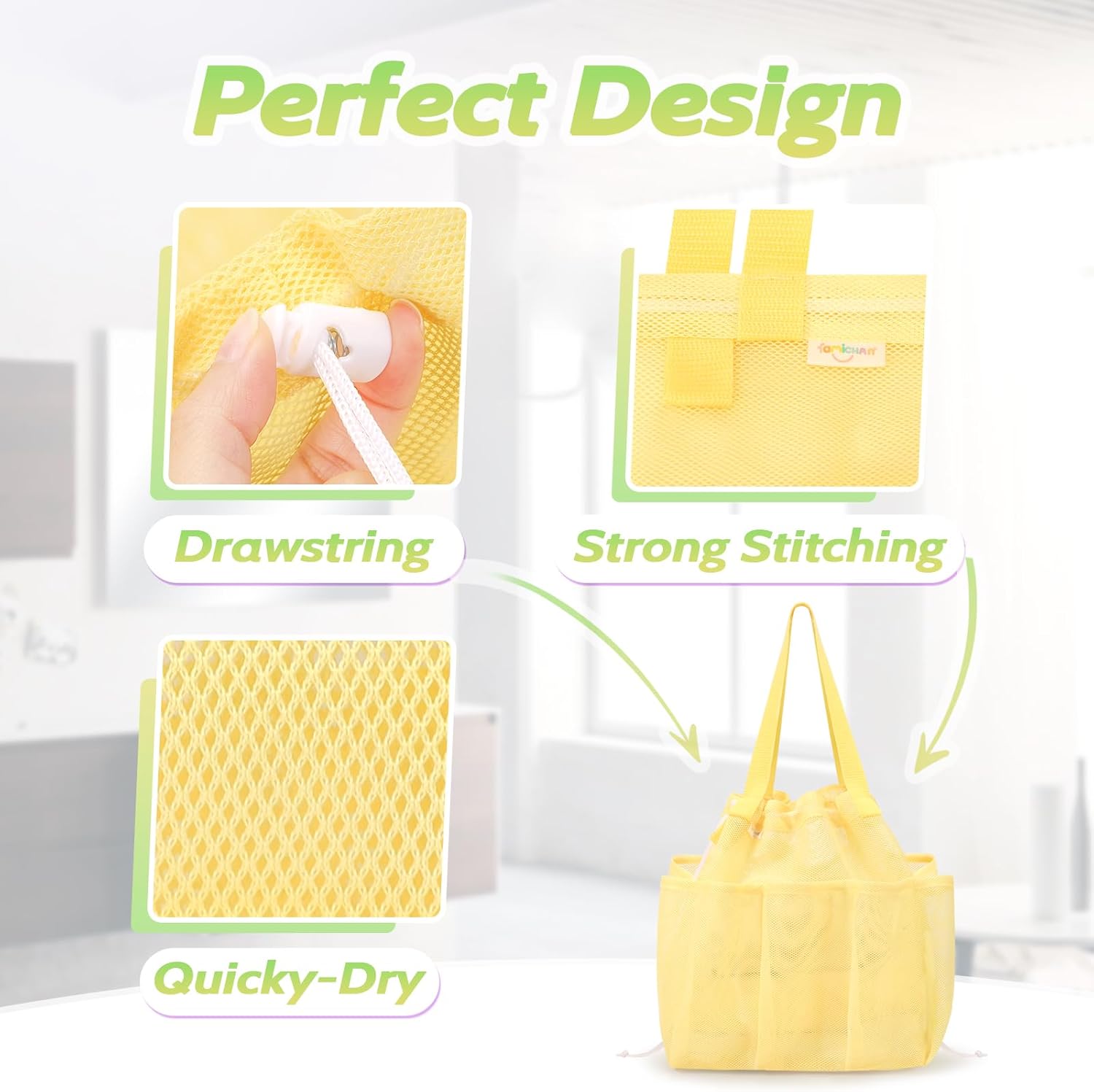 famichan Mesh Shower Caddy Portable with Drawstring, Dorm Room Essentials for College Students Girls & Boys, Large Shower Bag for Camping,Swimming,Gym,Travel,Bathroom - Yellow - Image 4