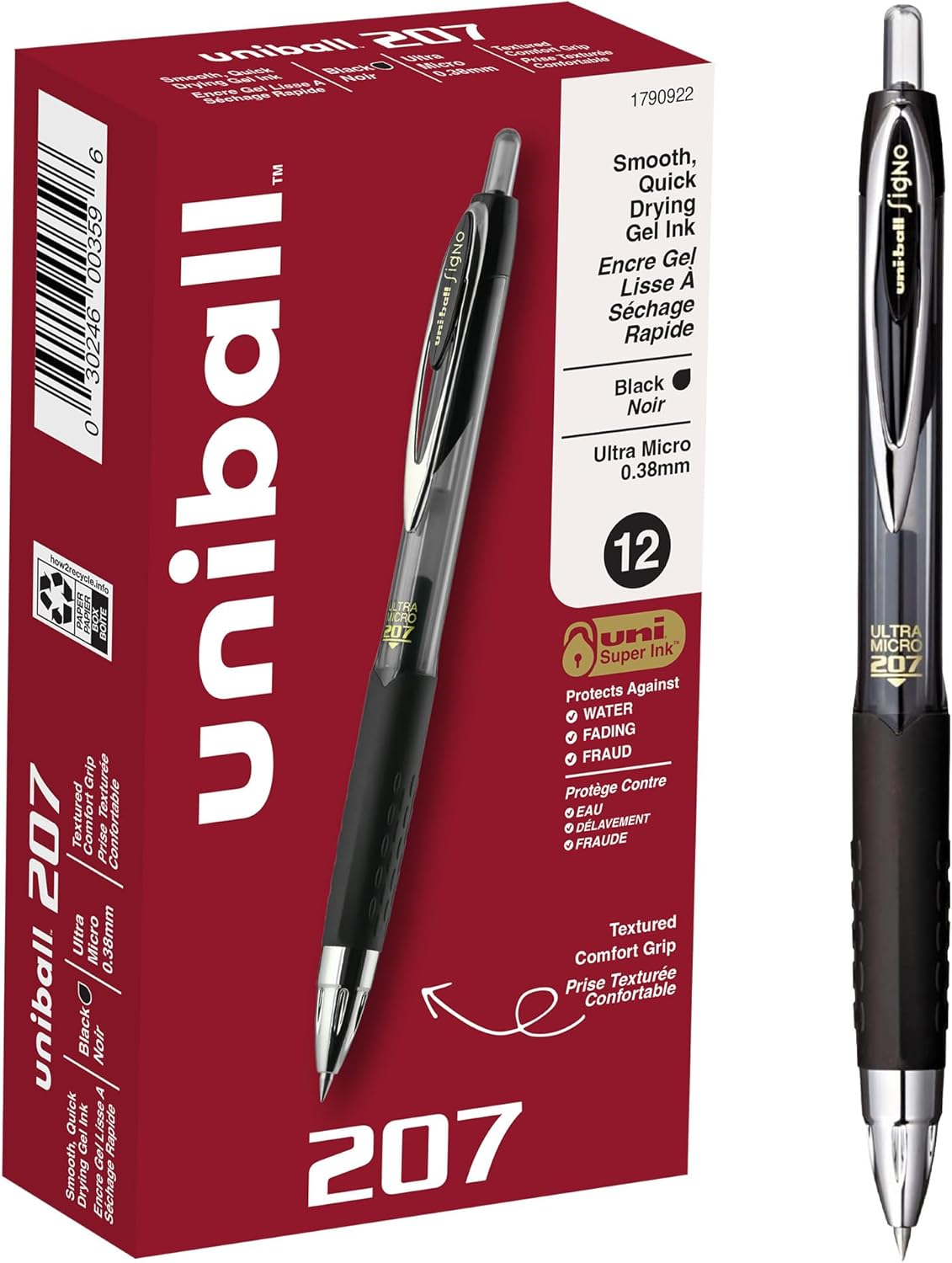 uniball 207 Retractable Gel Pens, Ultra Micro Point (0.38mm), Black, 12 Pack - Image 2