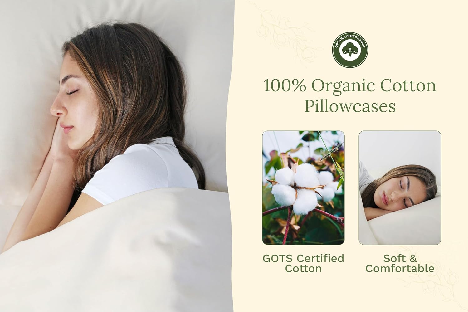 Organic Cotton Standard Size Pillowcases - Off-White, GOTS Certified, 400 Thread Count, 21"x30", Unbleached, Dye-Free All Natural 100% Cotton Pillow Cases (Off-White, Standard Size - Set of 2) - Image 3