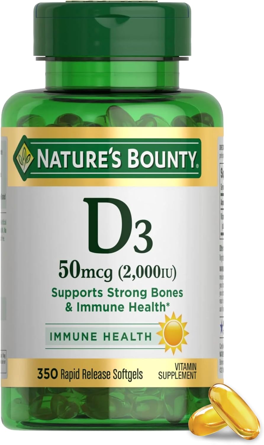 Nature's Bounty Vitamin D3 2000 IU | Supports Immune Health, Calcium Absorption & Bone Strength | Essential for Healthy Bones | Non-GMO, No-Gluten | 350 Softgels, 1 Serving Per Day for Daily Health - Image 2