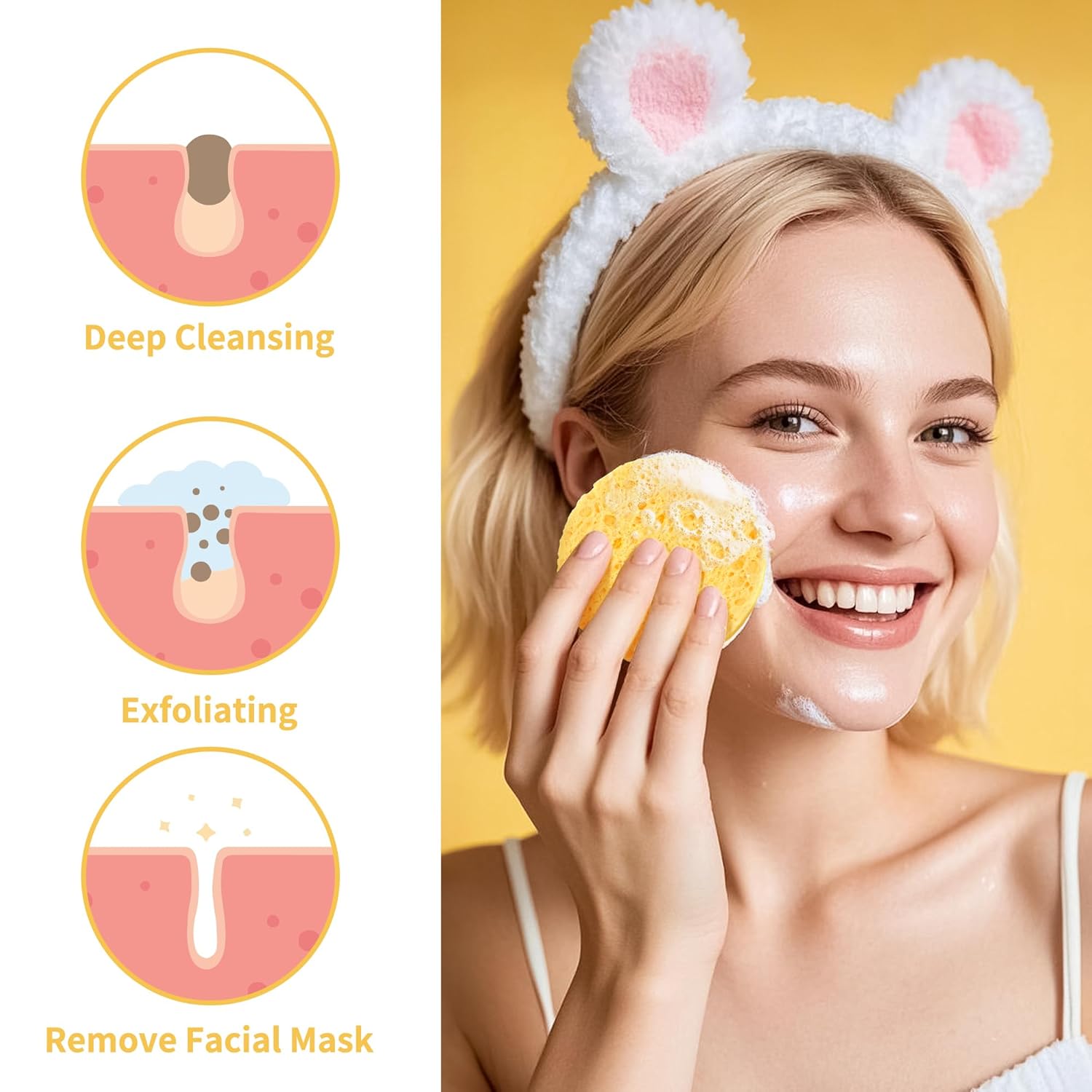 100-Count Compressed Facial Sponges, Natural Cosmetic Spa Sponges for Facial Cleansing, Exfoliating Mask, Makeup Remover, Travel Face Sponges - Yellow - Image 7
