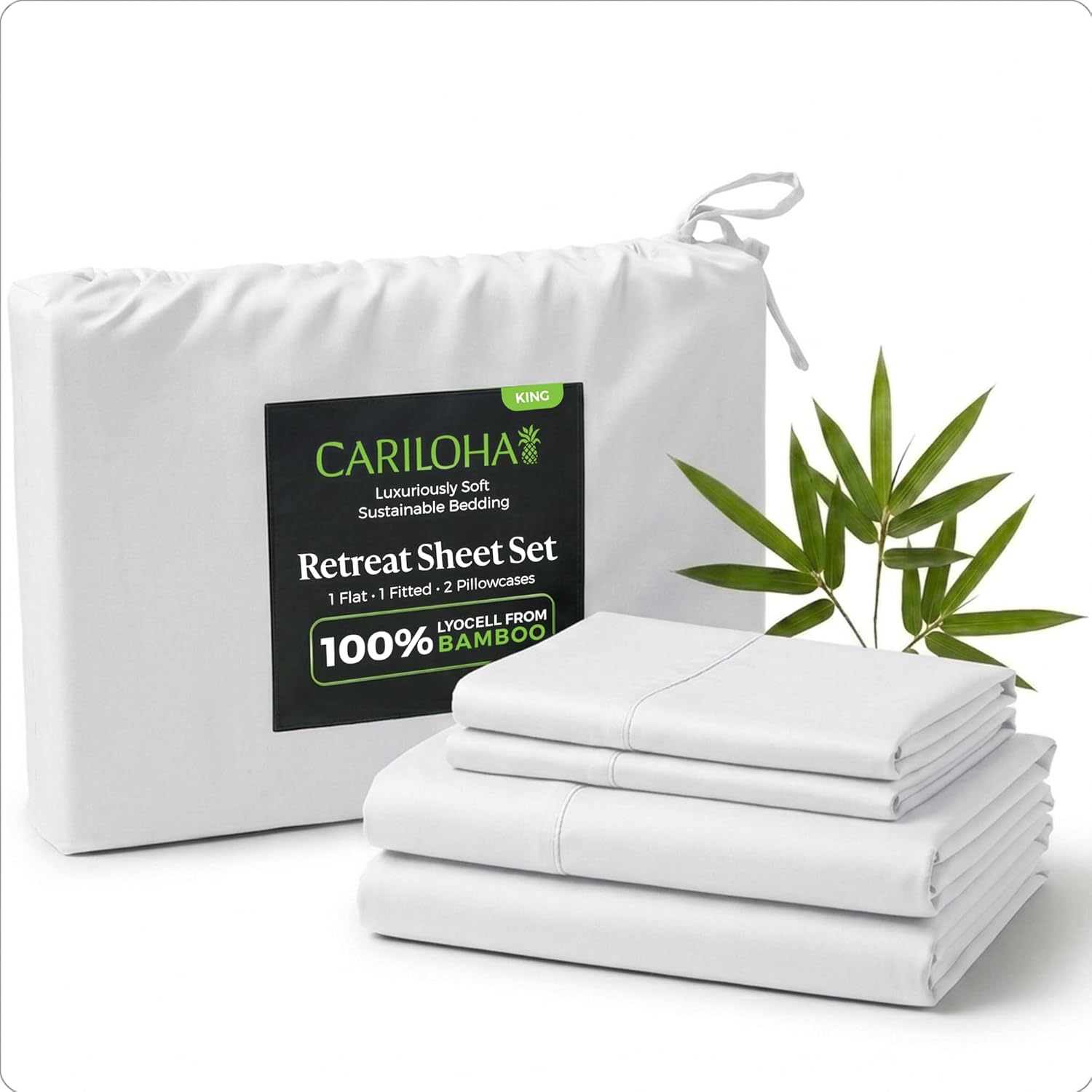 Cariloha Retreat 4-Piece Sateen Sheet Set | White | King | Lyocell Material | Breathable, Corner Straps, Extra Soft & Cooling - Image 2