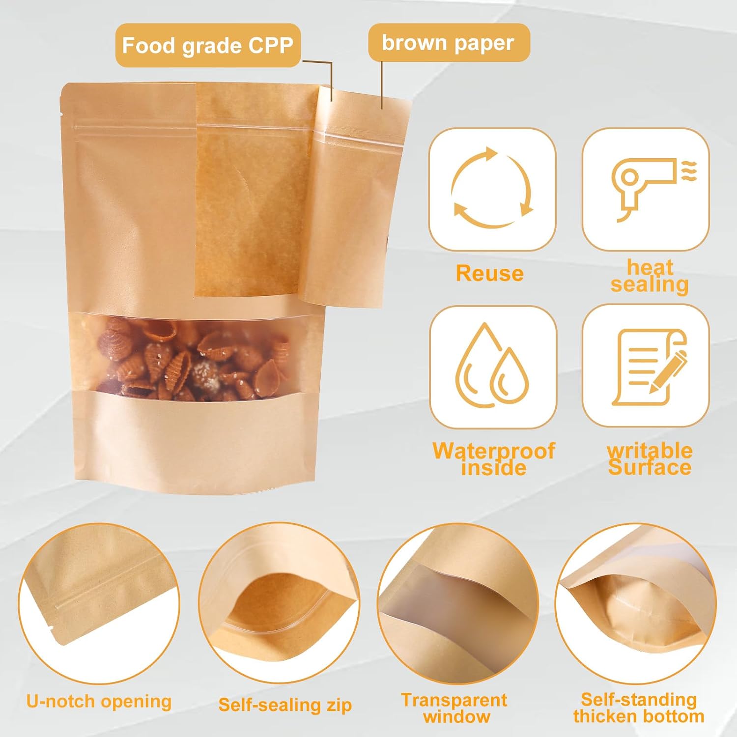 105 Pcs Windowed brown paper Bags,3.5 x 5.5 Inch Stand Up Pouches, Zip Lock Food Storage Bags, Reusable Sealing Pouches for Packaging Products(Brown) (3.5 * 5.5in) - Image 8