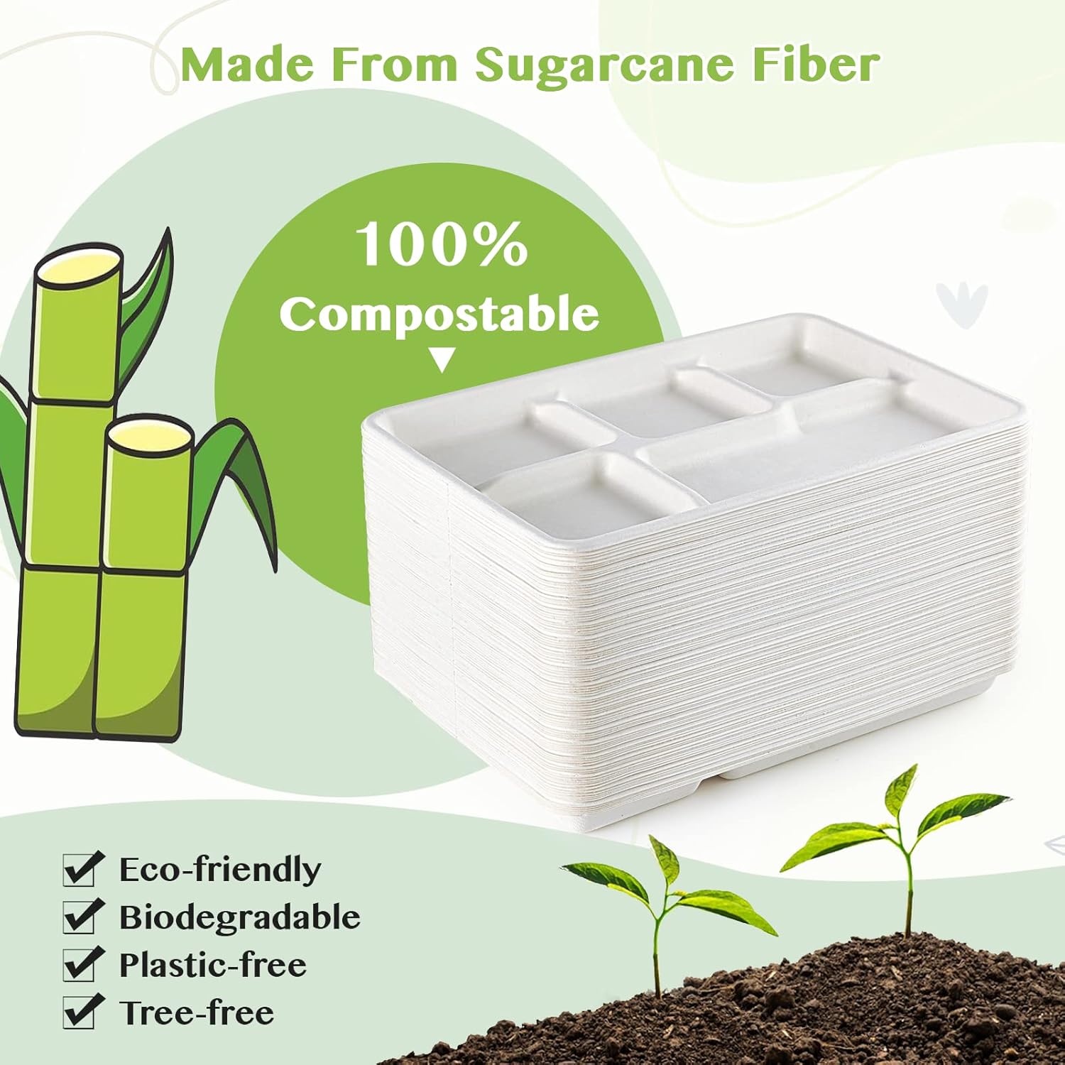 ECOLipak Compostable Disposable 5 Compartment Paper Plates, 12.5inch | Disposable 5 Compartment Paper Plates, Biodegradable Sugarcane Plates, Eco-Friendly School Lunch Trays - Image 5