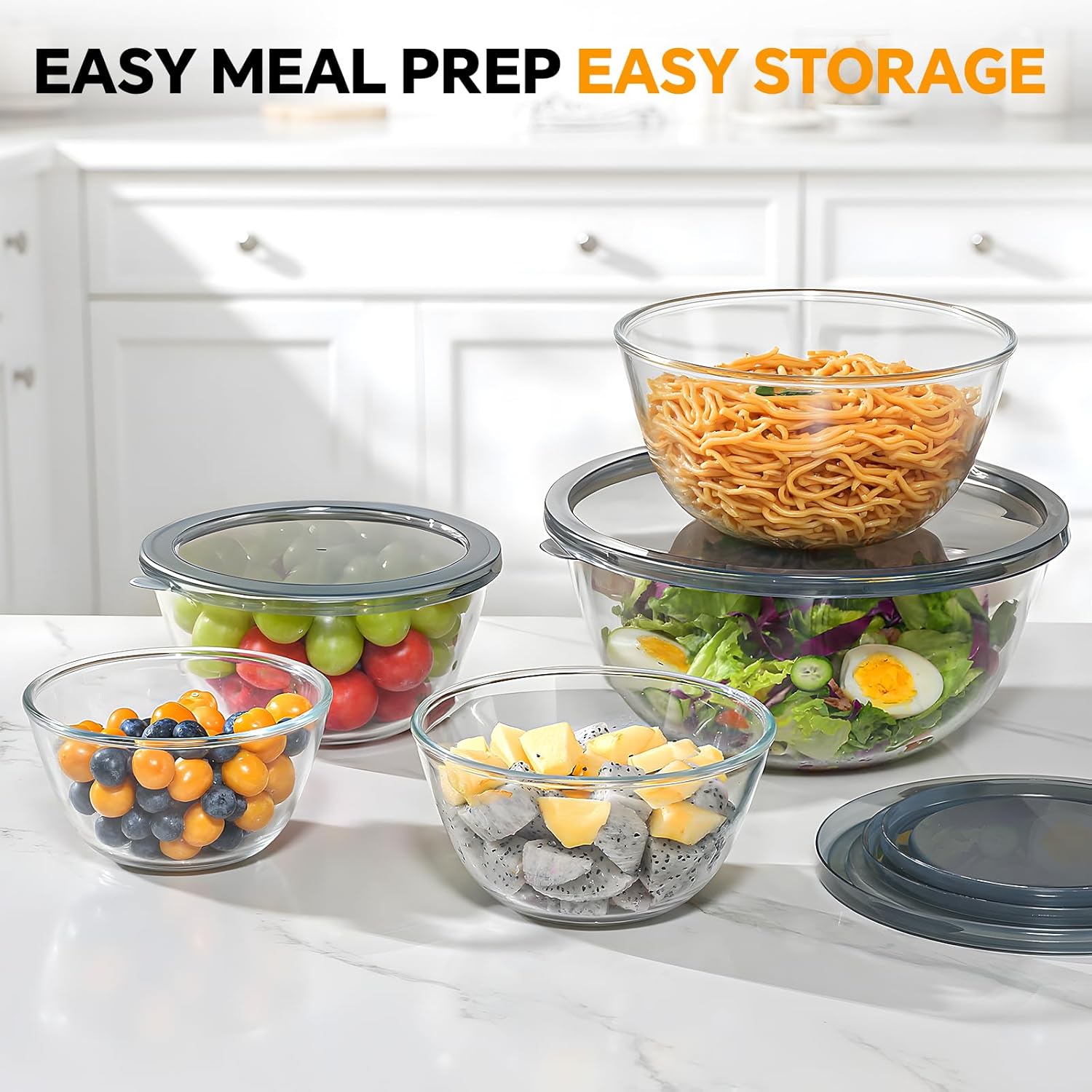 Glass Mixing Bowls with Lids Set of 5(4.78QT,2.2QT,1.7QT,1.1QT,0.85QT),Thick Glass Nesting Bowls for Kitchen Baking,Cooking Prep,Storage,Serving,Large Salad Bowls,Dishwasher Microwave Freezer Safe - Image 3