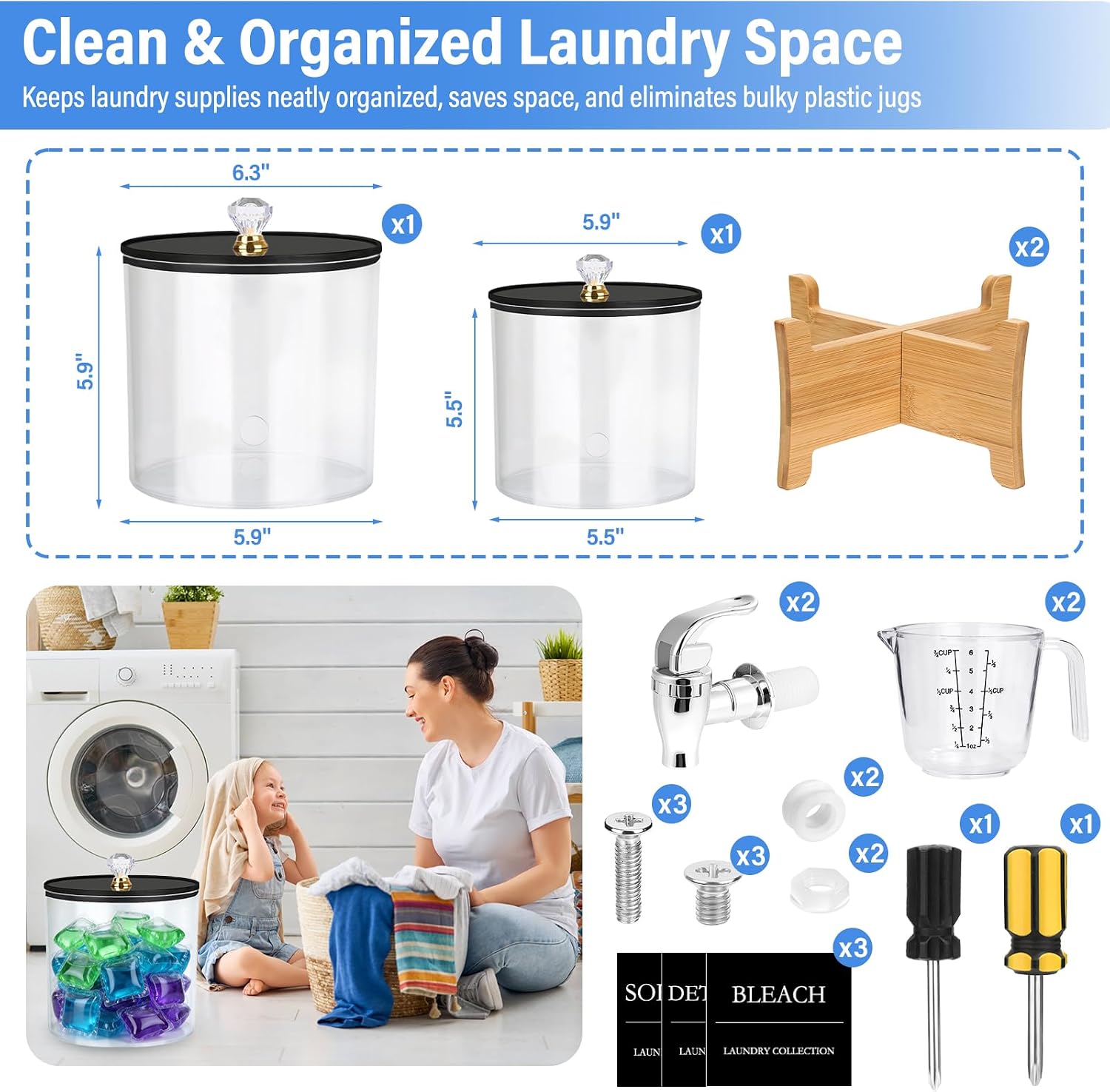 Laundry Detergent Dispenser Set 2 Pack Large & Small Liquid Laundry Soap Dispensers with Bamboo Stands Acrylic Laundry Detergent Containers Total Capacity About 1.25 Gallons Laundry Room Organization - Image 3