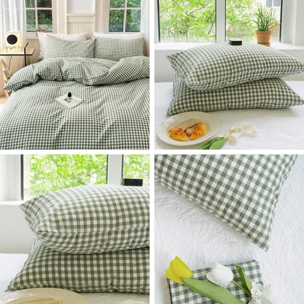 LifeTB Green Gingham Pillowcases Set Farmhouse Standard Size Pillow Shams Buffalo Green Plaid Pillowcases Set of 2, Grid Checkered Gingham Washed Cotton Pillow Covers with Envelope Closure, 20"×26" - Image 7